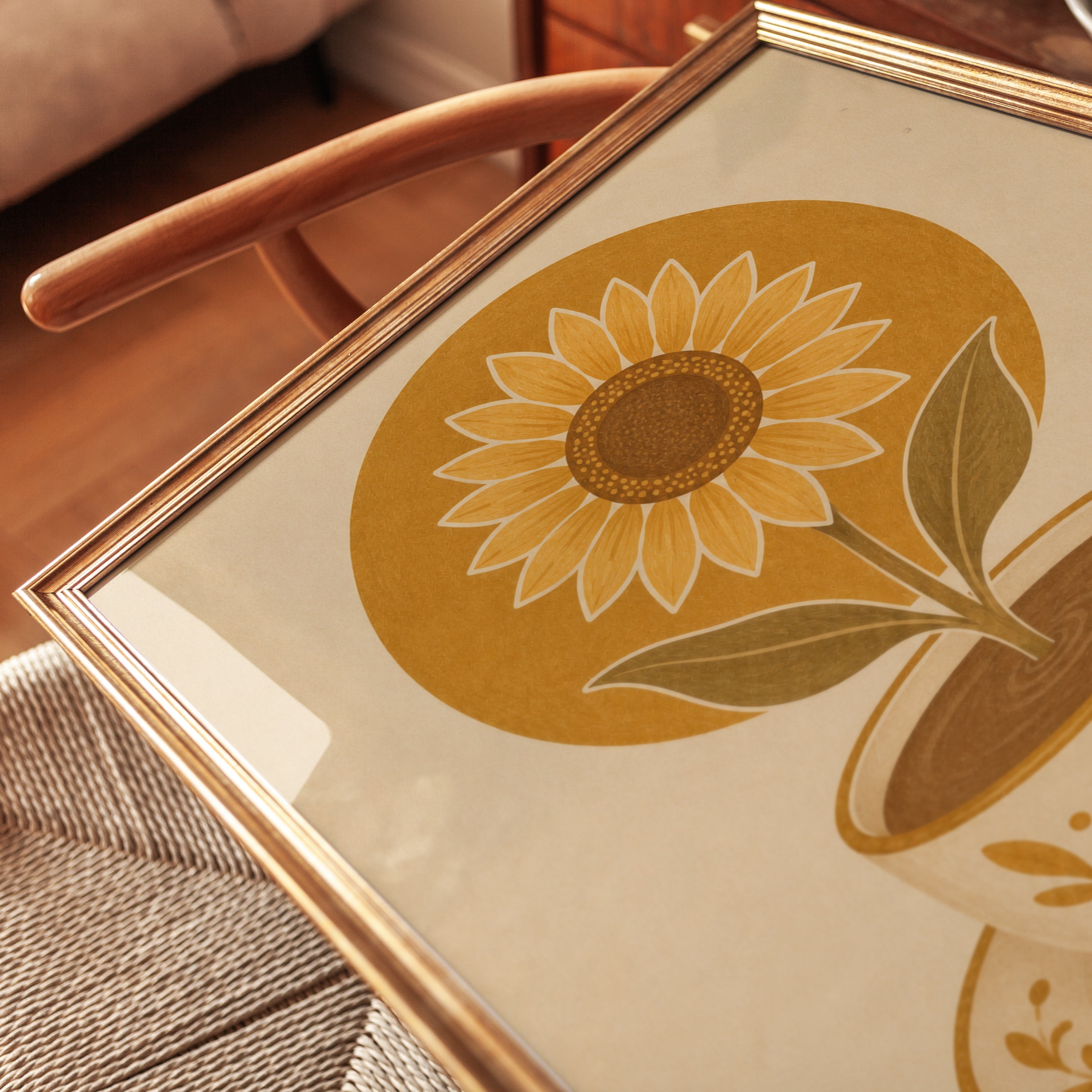 Sunflower Coffee Cup Art Print: Retro Botanical Kitchen Poster - detail