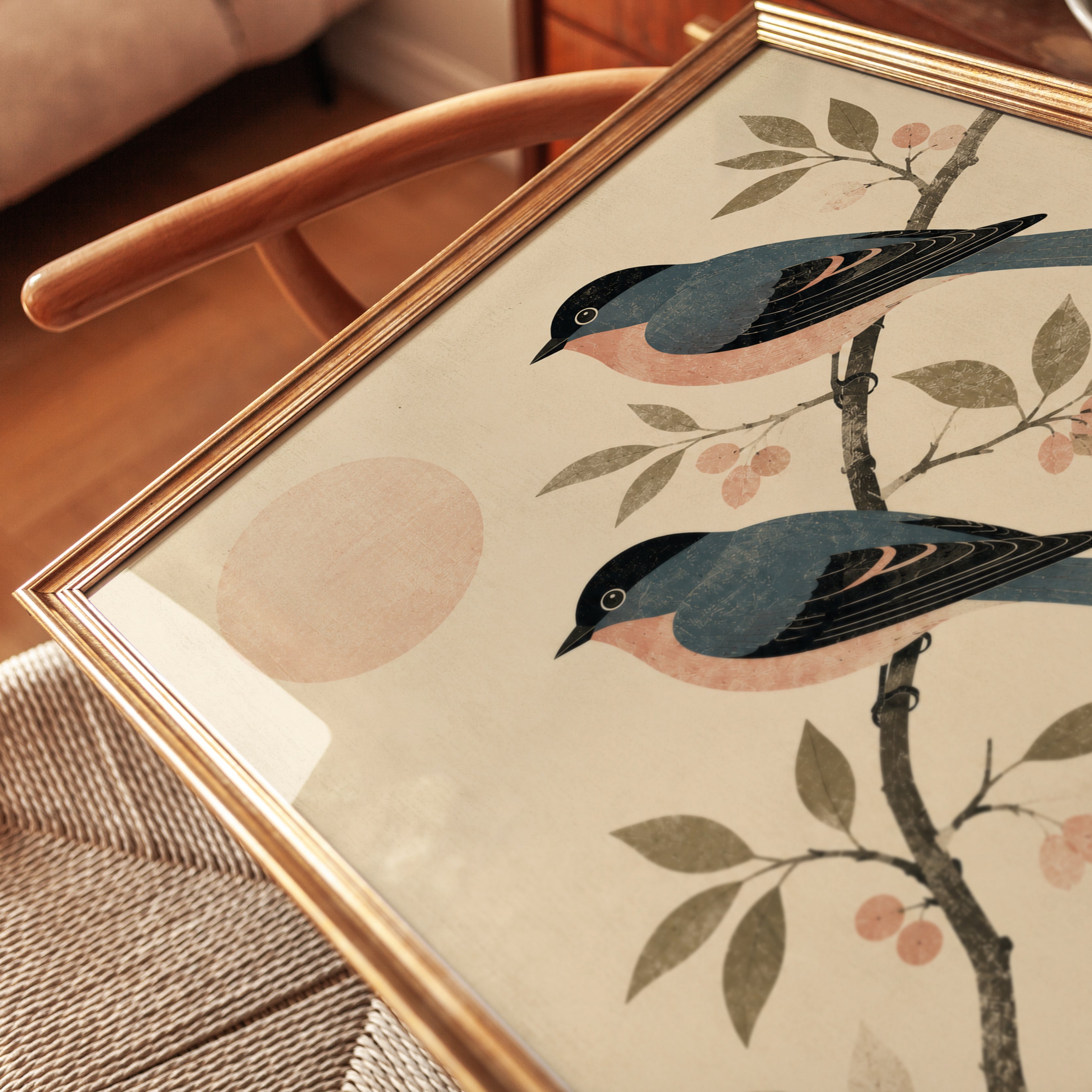 Japanese Style Birds on Branch: Vintage Botanical Wall Art - detail