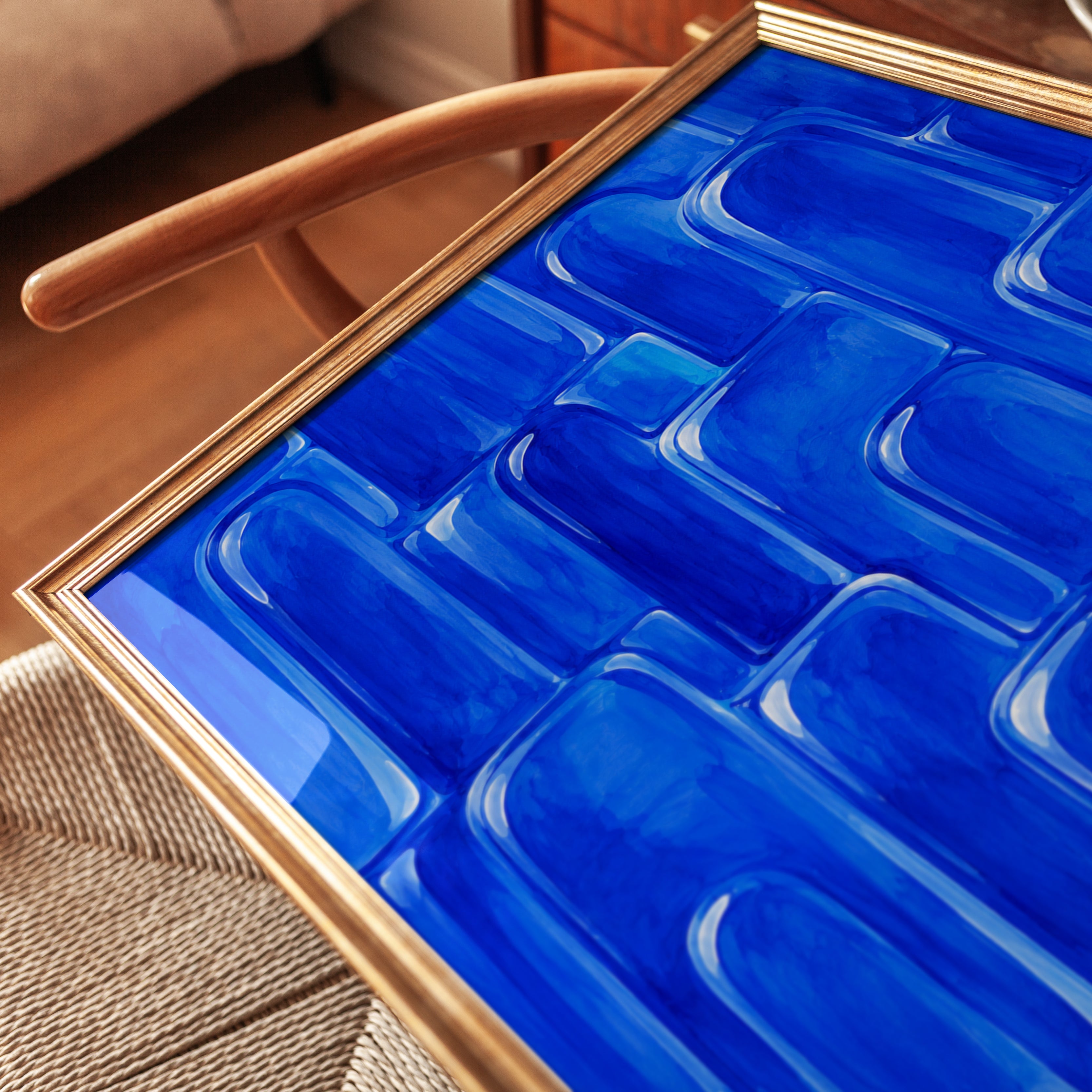 Blue Abstract Cityscape Wall Art: Geometric Urban Skyline - detail
