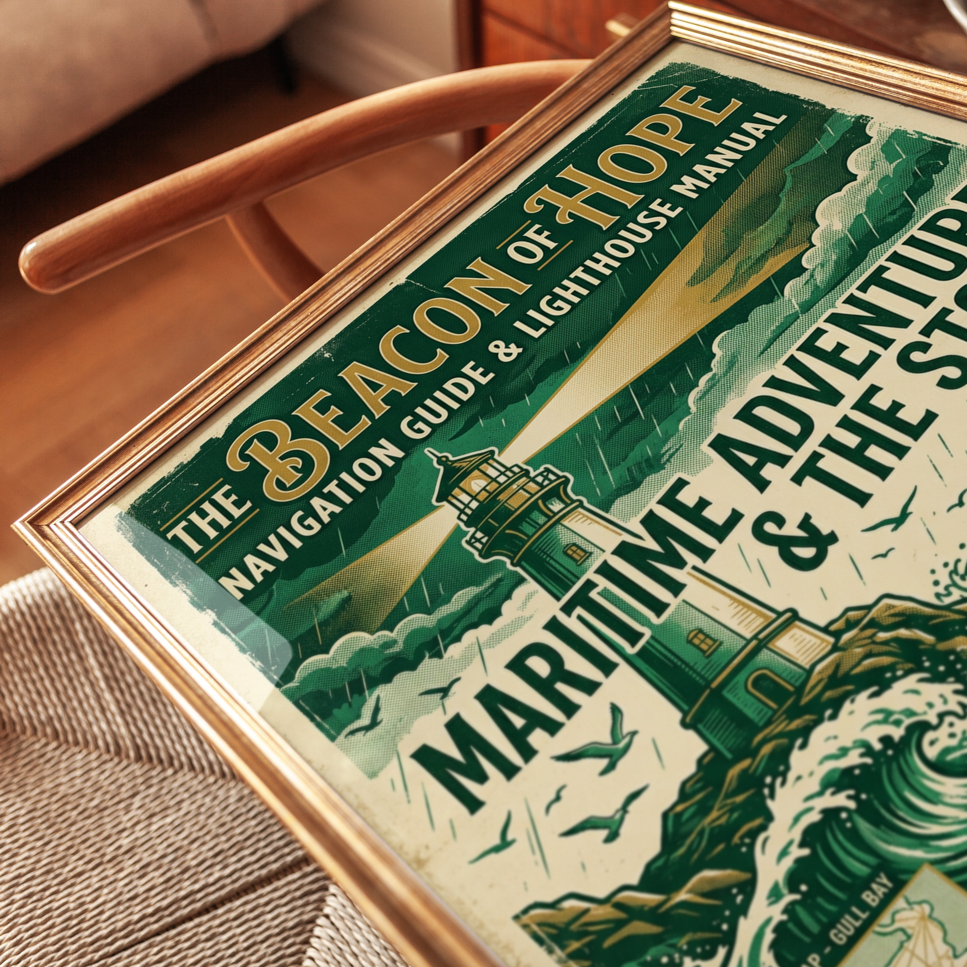 Vintage Lighthouse Poster: Nautical Maritime Green Gold Art Print - detail