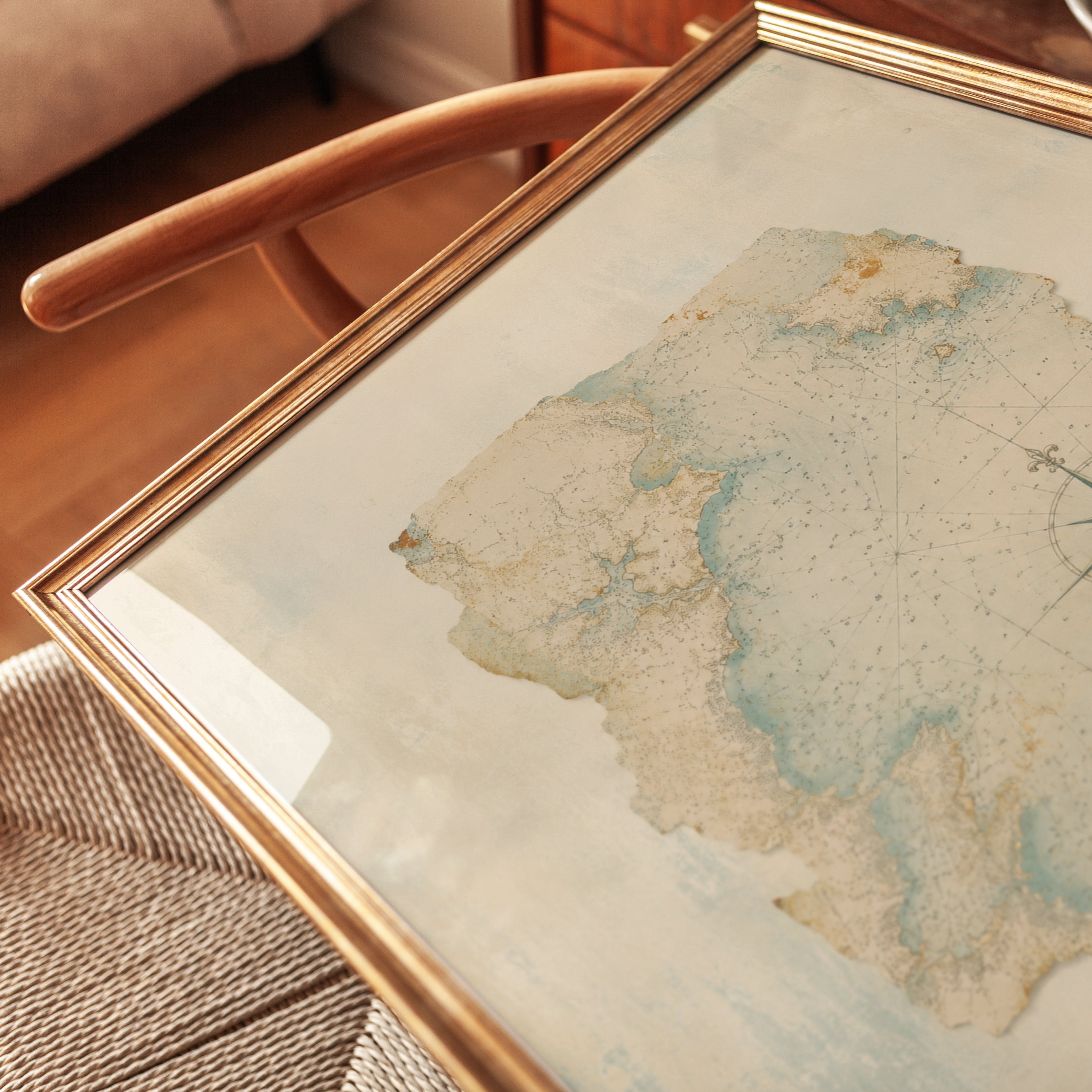 Vintage Nautical Map Wall Art: Weathered Compass Rose Print - detail