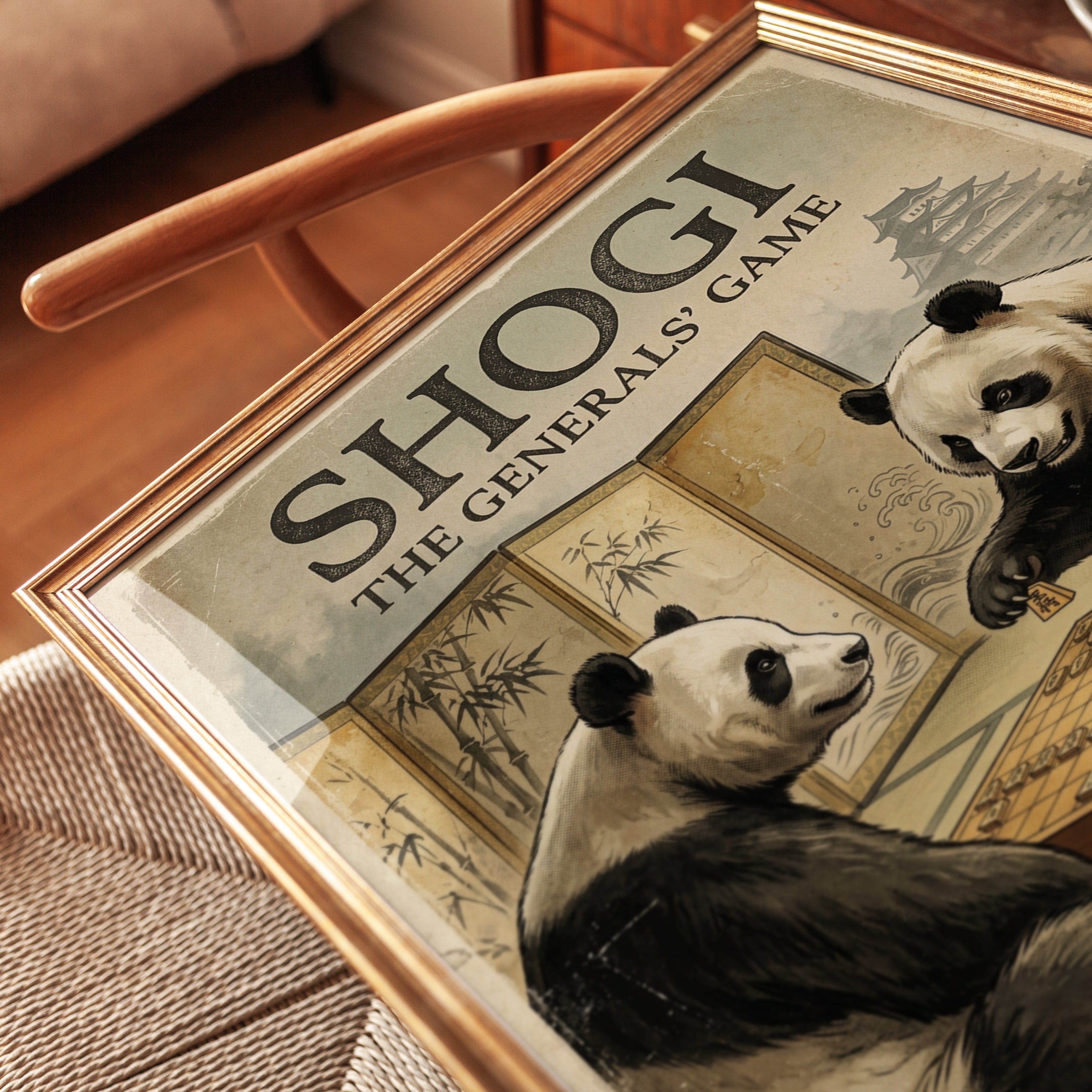 Shogi Game Vintage Poster — Japanese Pandas Playing Strategy Board - detail