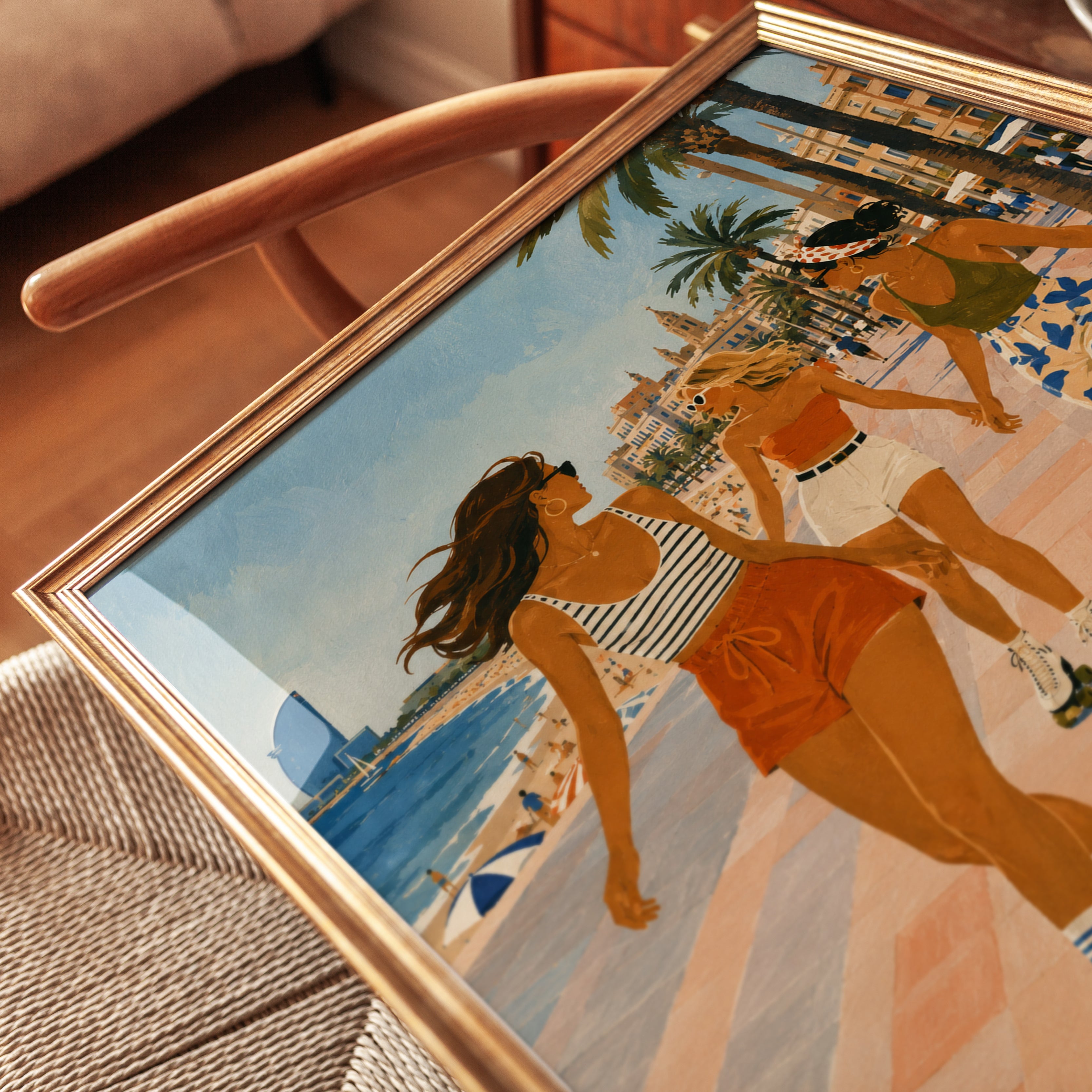 Roller Skating Girls Mediterranean Beach Art Print: Vintage Summer - detail