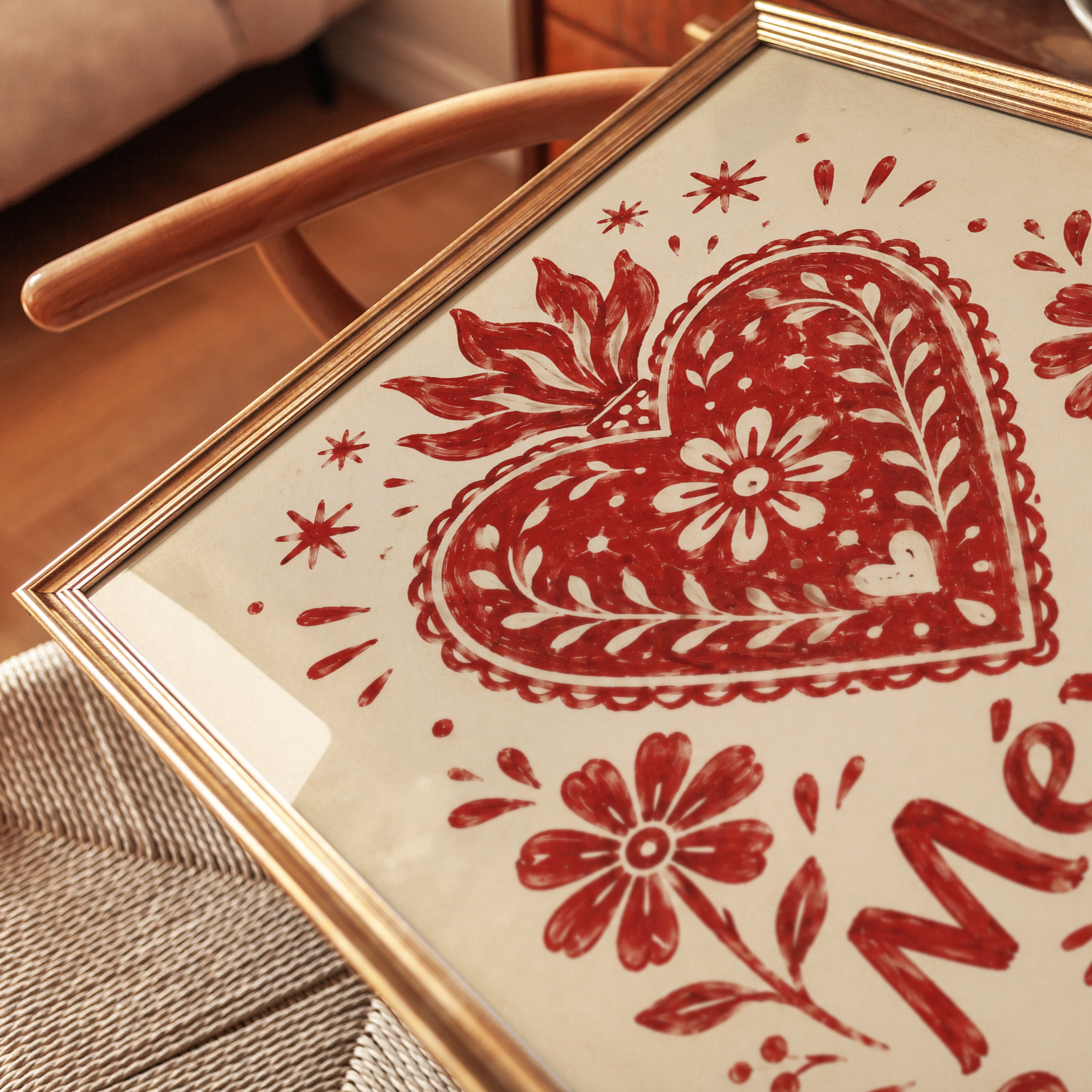 Mexican Folk Art Heart Print: Red Sacred Heart with Flowers - detail