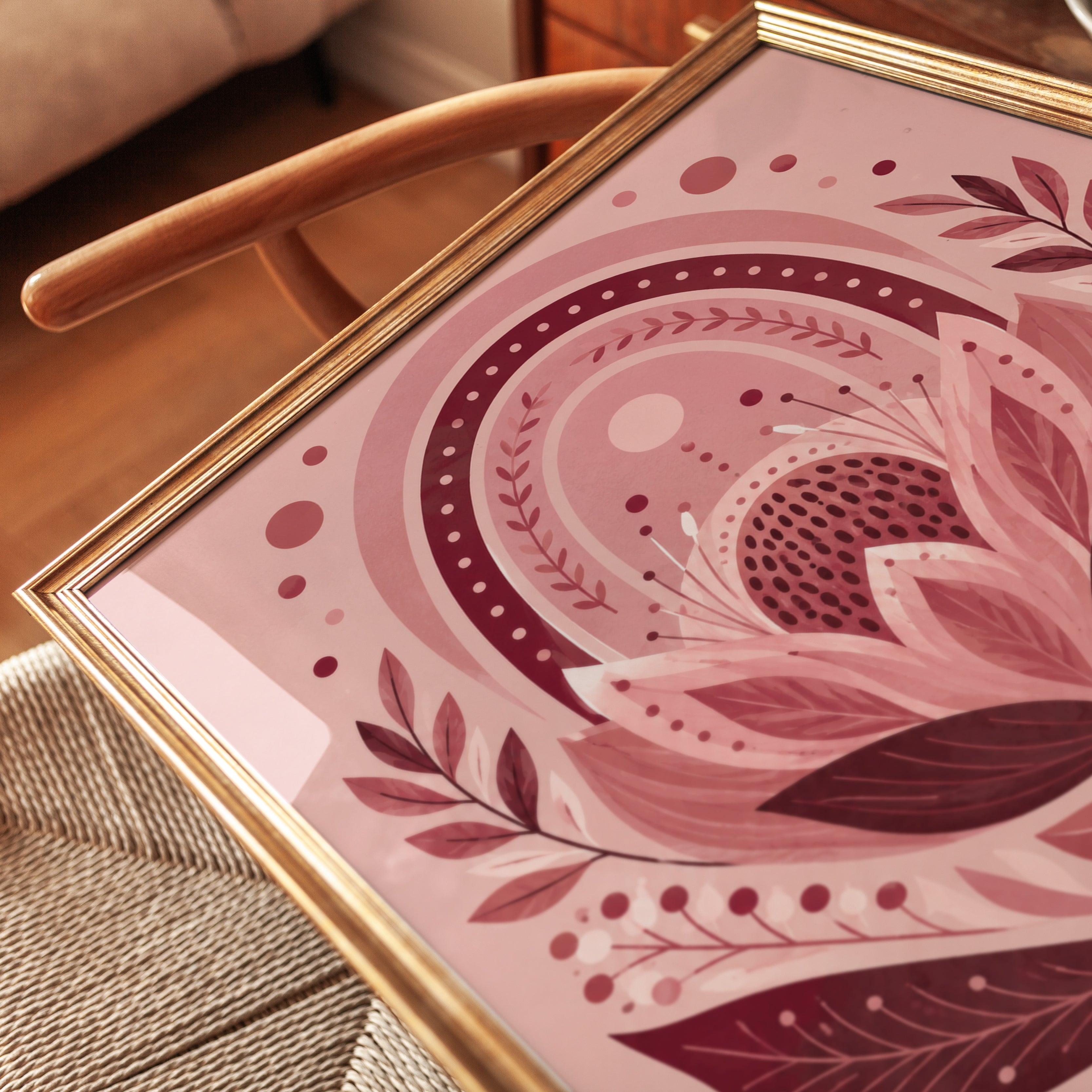 Pink Botanical Wall Art – Floral Folk Art Print - detail