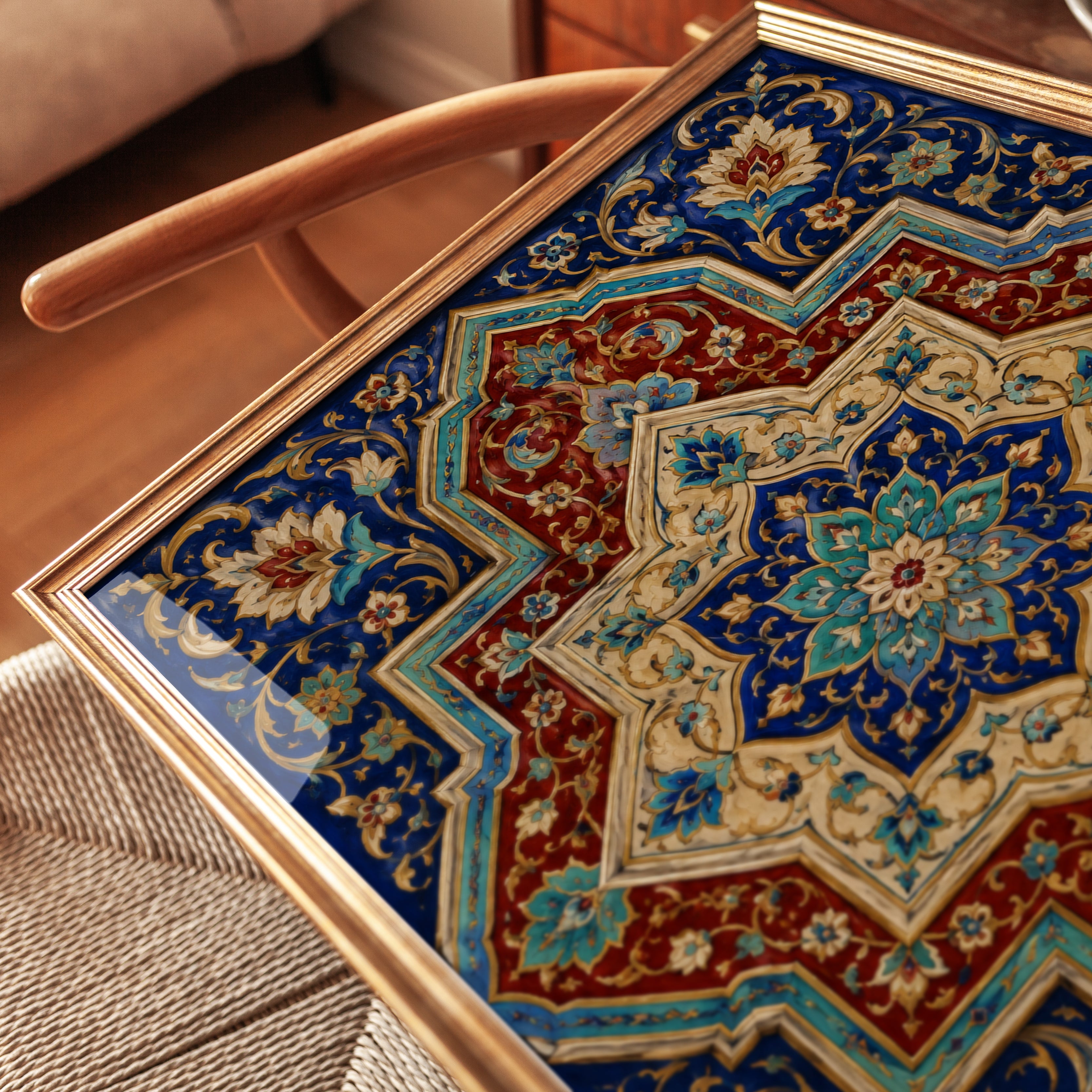 Persian Tile Mandala Art Print: Blue and Red Islamic Pattern - detail