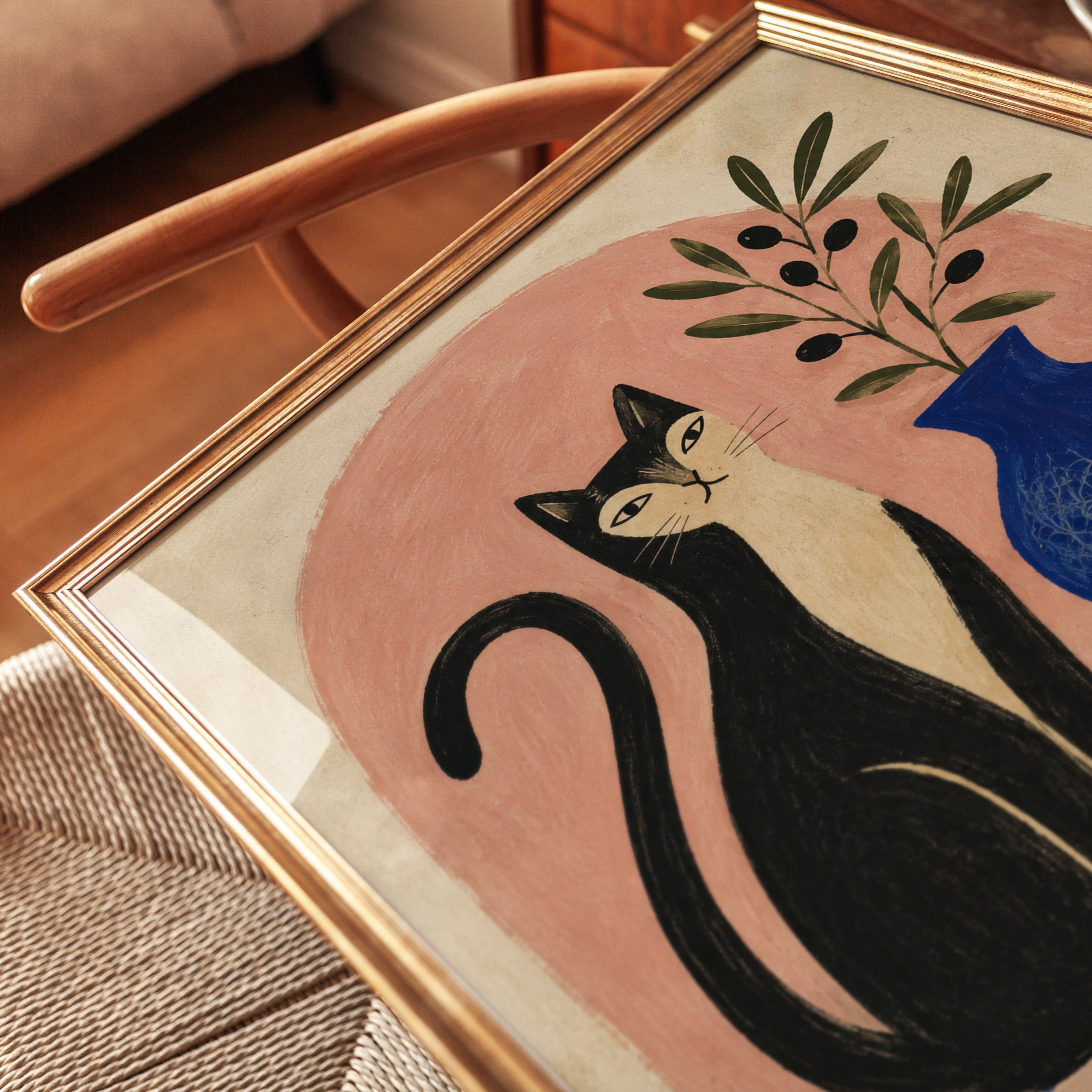 Folk Art Black Cat Print – Olive Branch Vase - detail