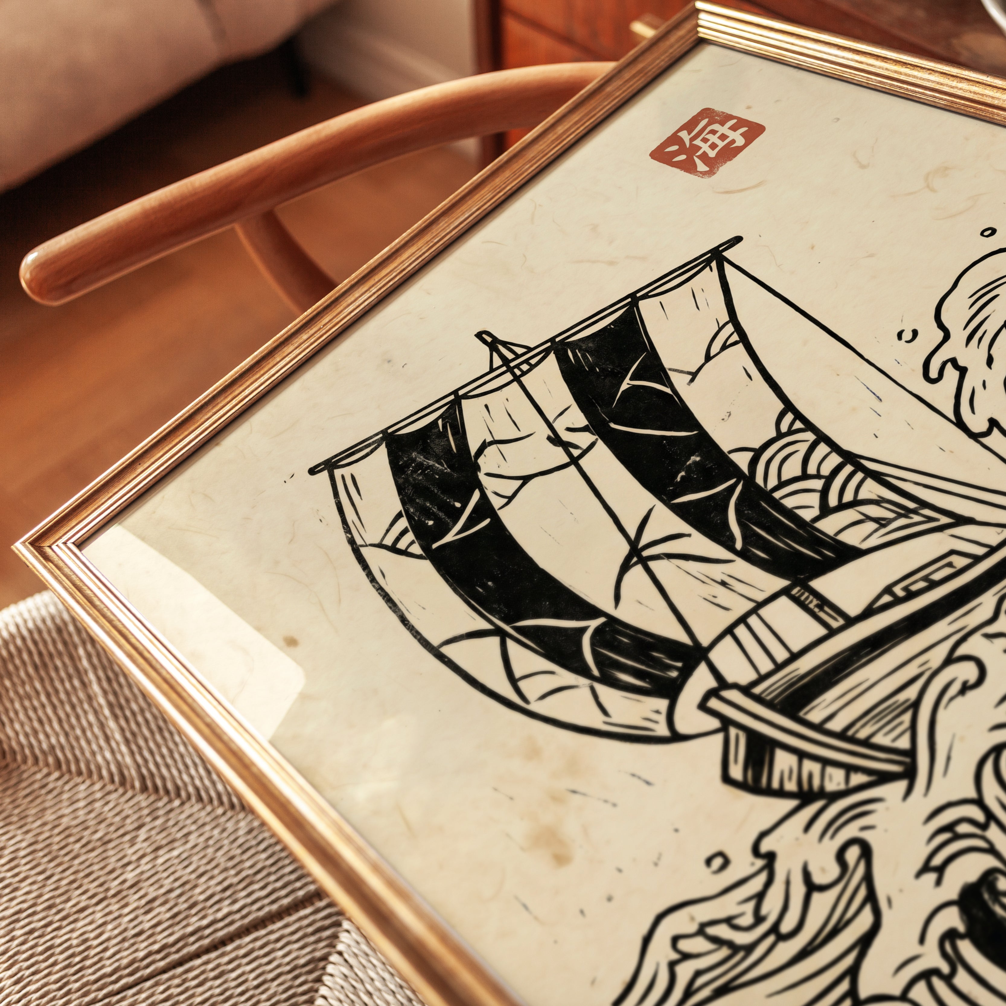 Black Sailboat Wall Art: Japanese Woodblock Style - detail
