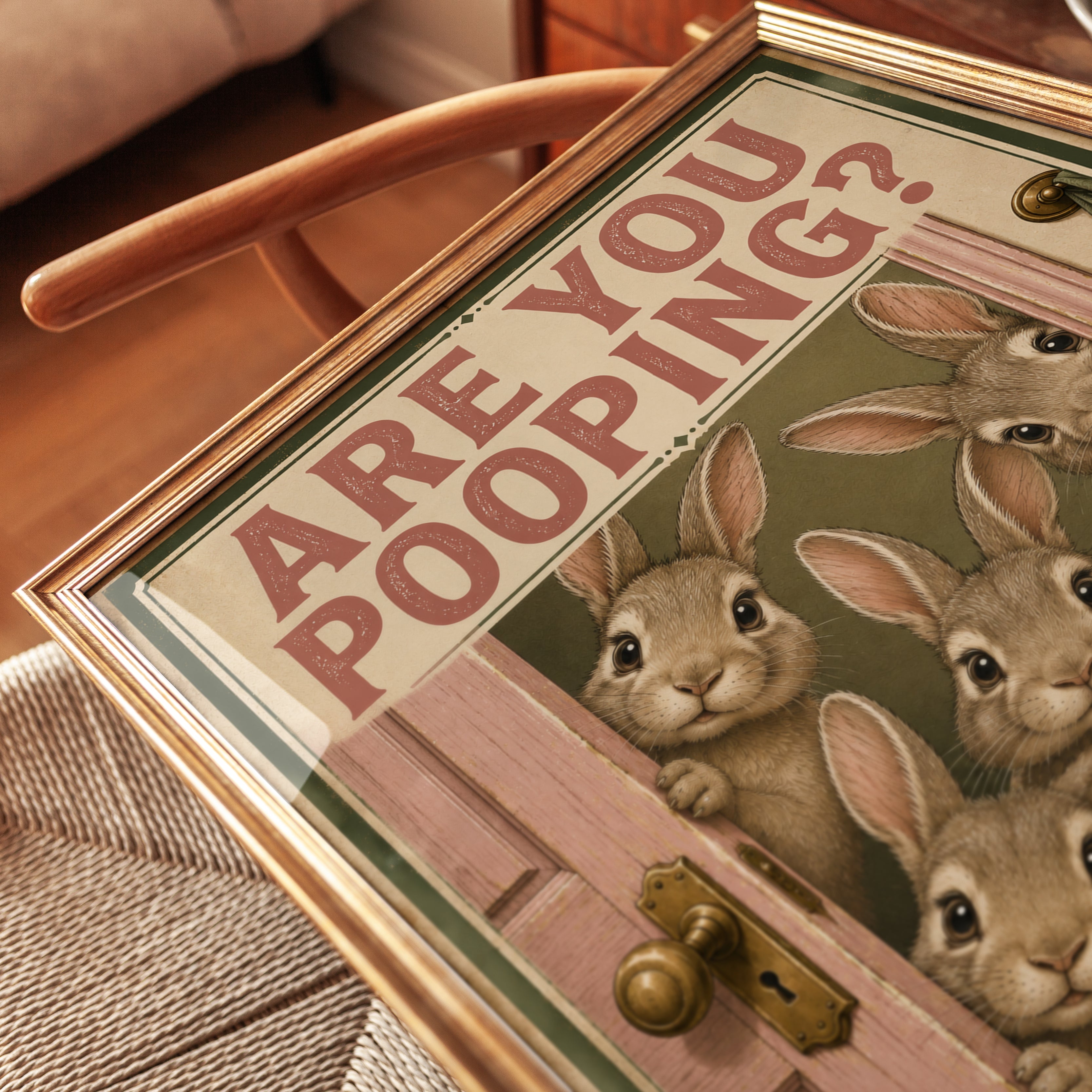 Bathroom Wall Art: Whimsical Bunny Humor (Vintage Style Print) - detail