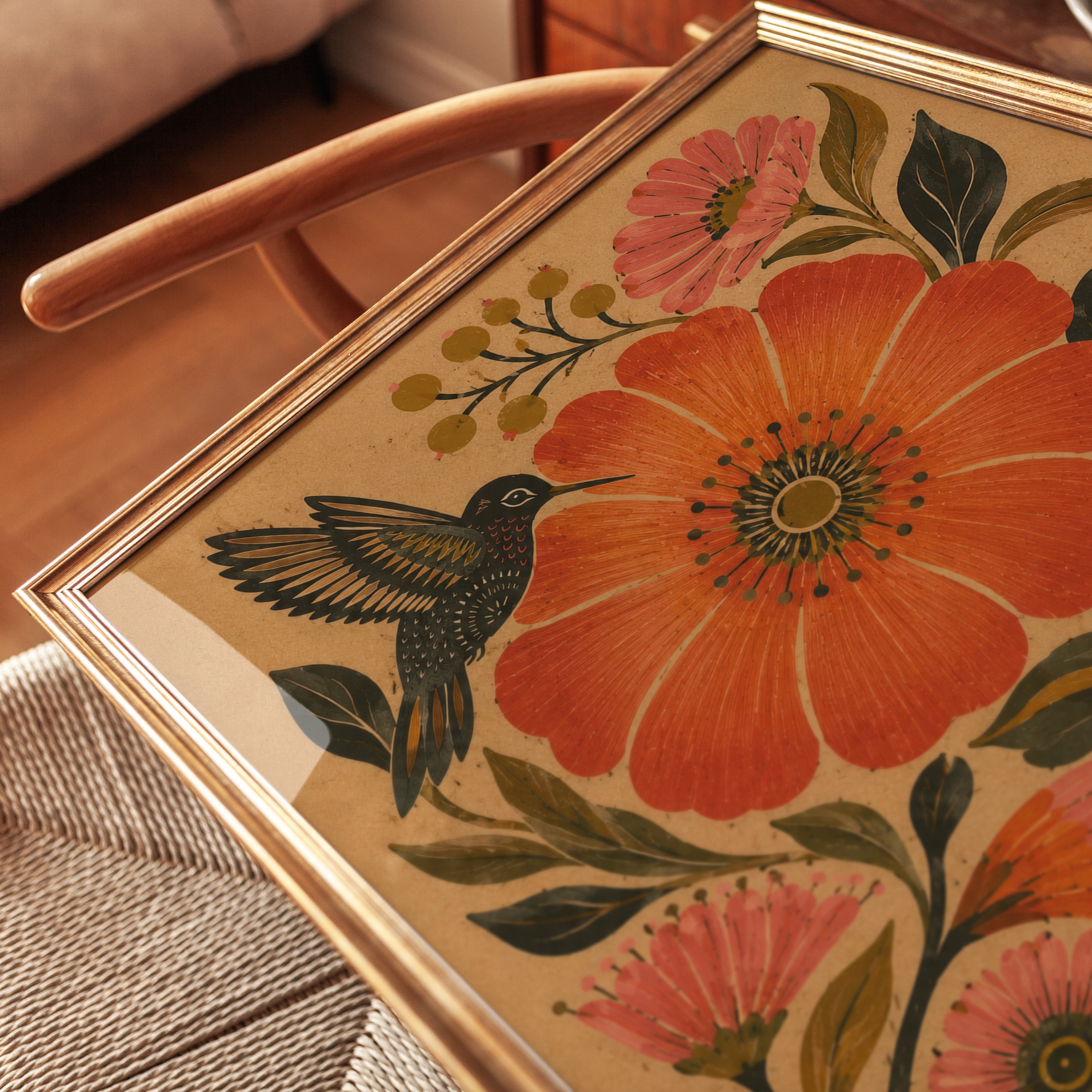 Vintage Hummingbird Floral Print — Folk Art Botanical Illustration - detail