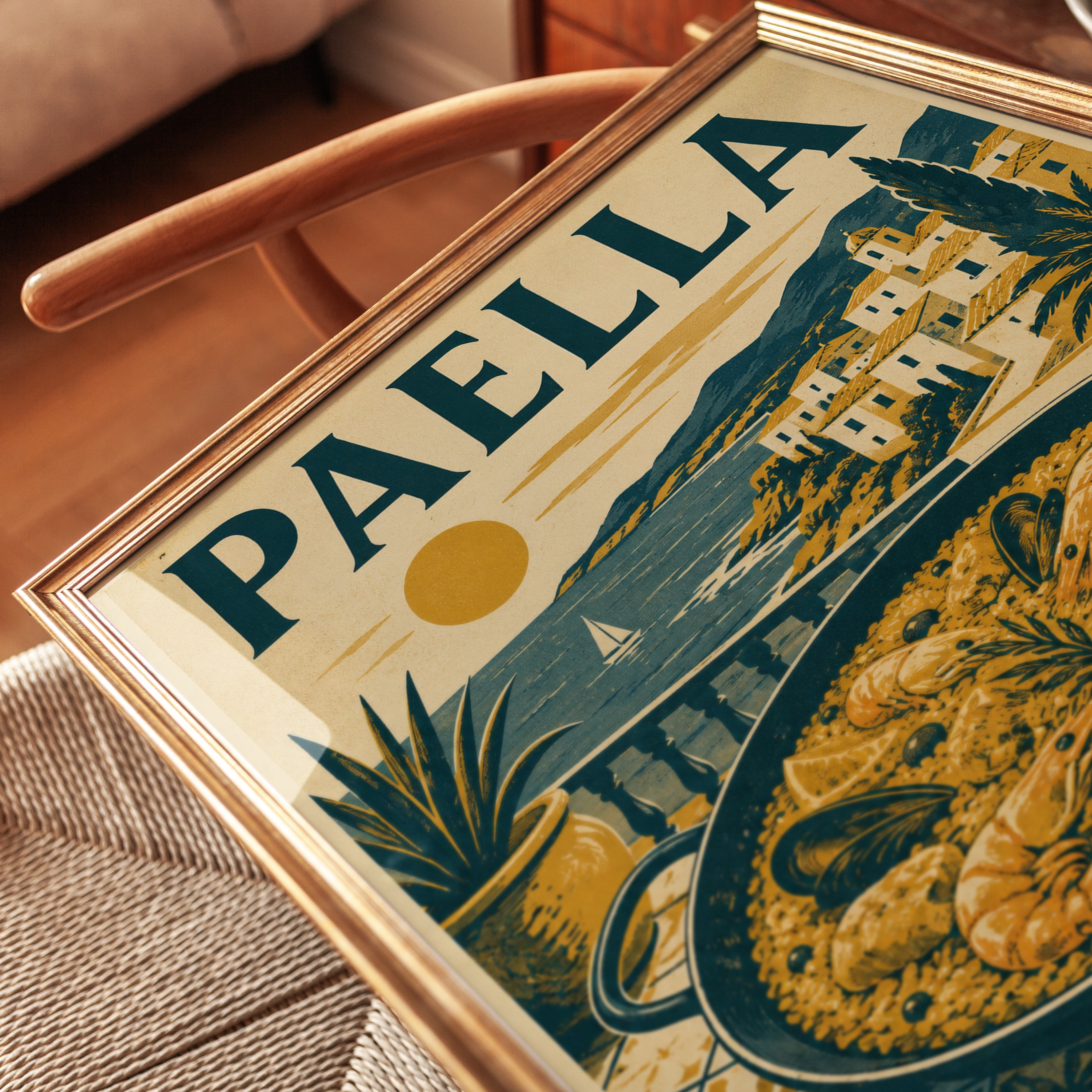 Paella Travel Poster: Vintage Spanish Coastal Kitchen Art - detail