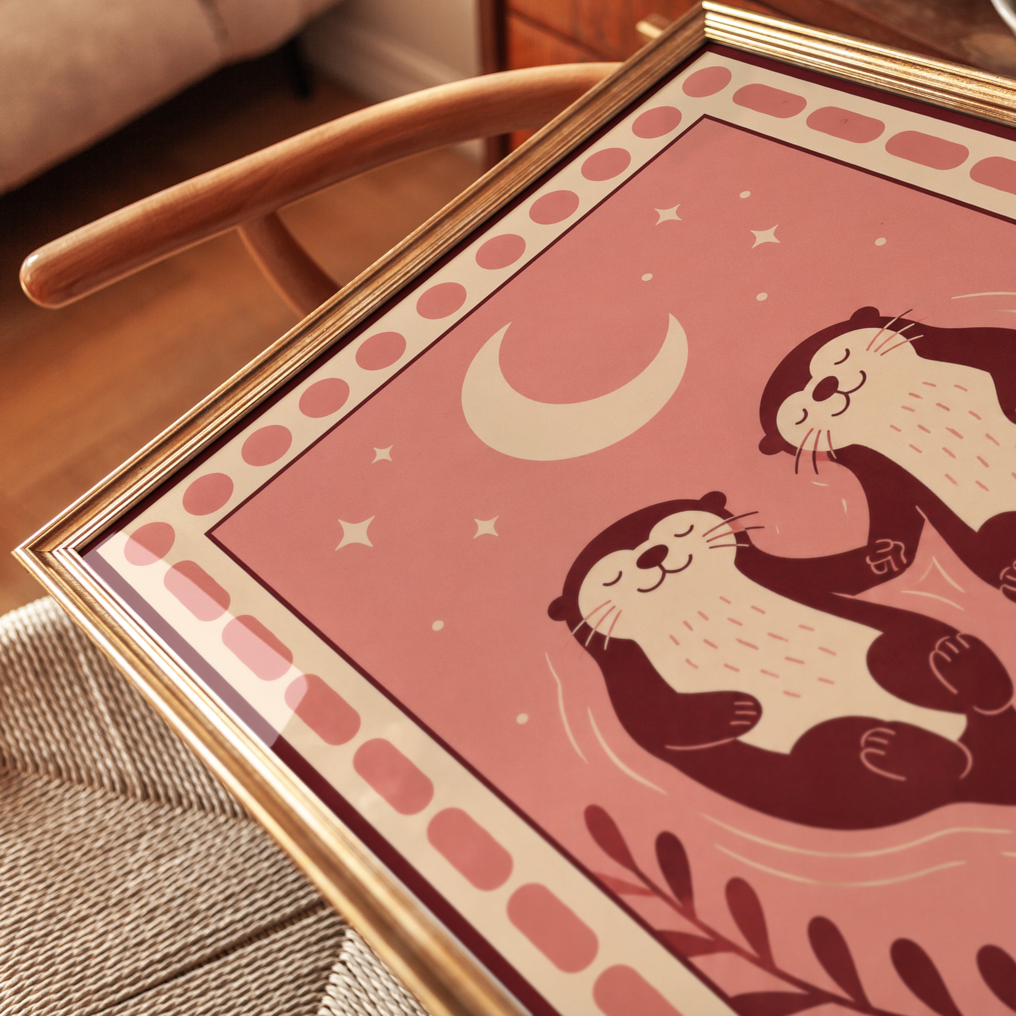 Folk Art Otter Print – Pink Boho Nursery Wall Art - detail