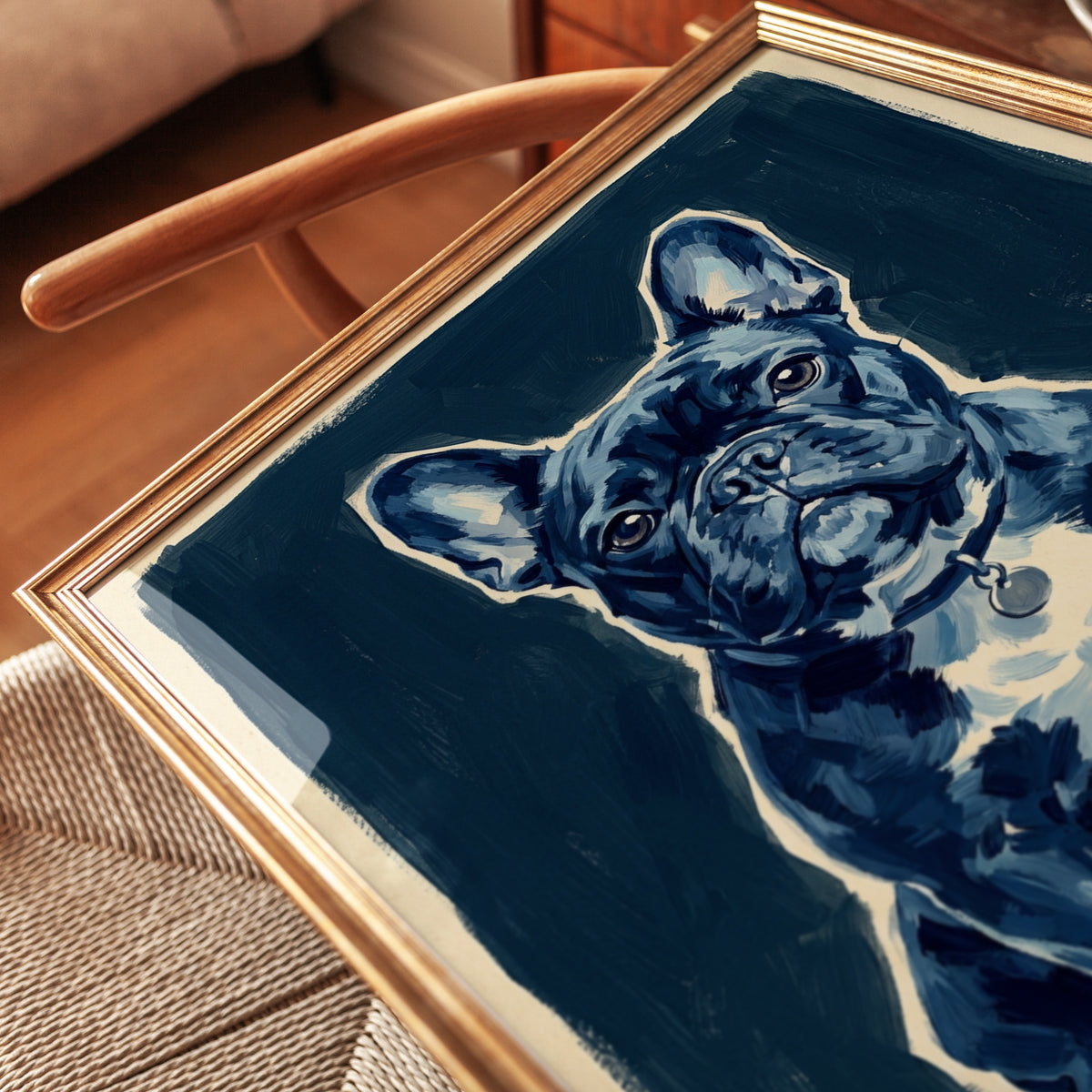 French Bulldog Portrait: Blue Tonal Dog Art Print - detail