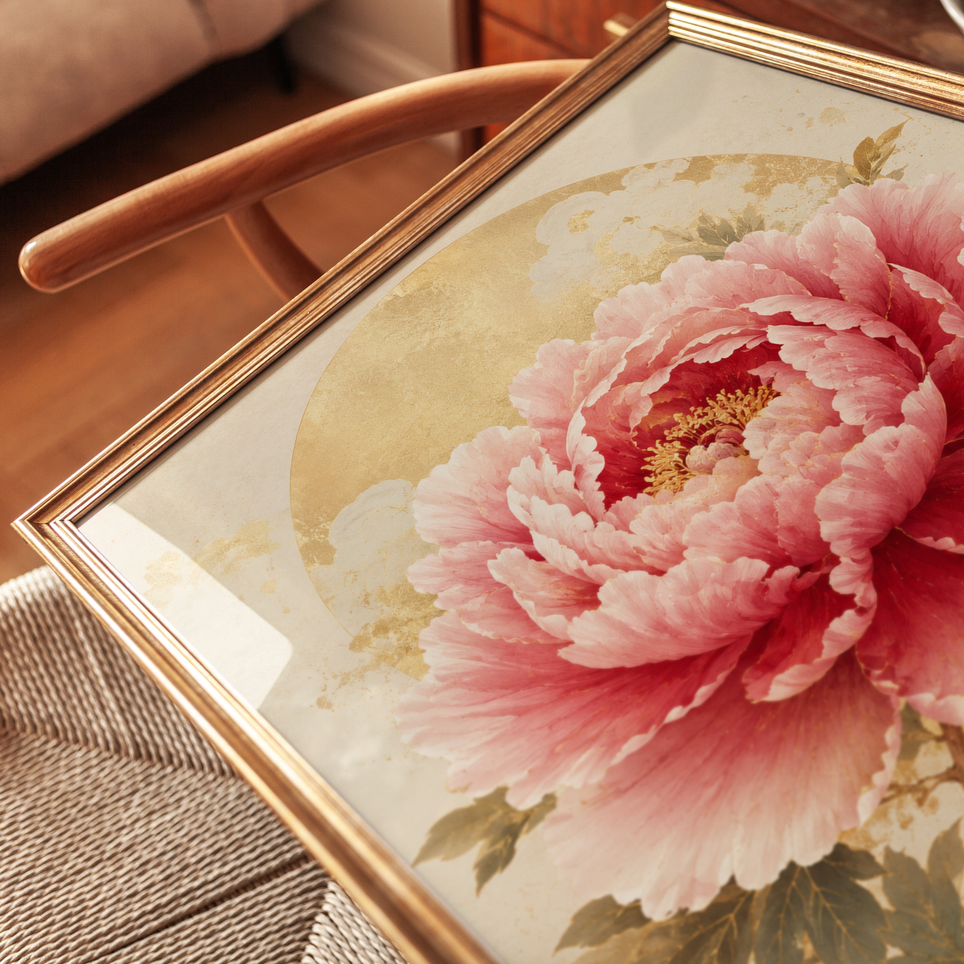 Peony Wall Art – Gold Leaf Floral Print - detail