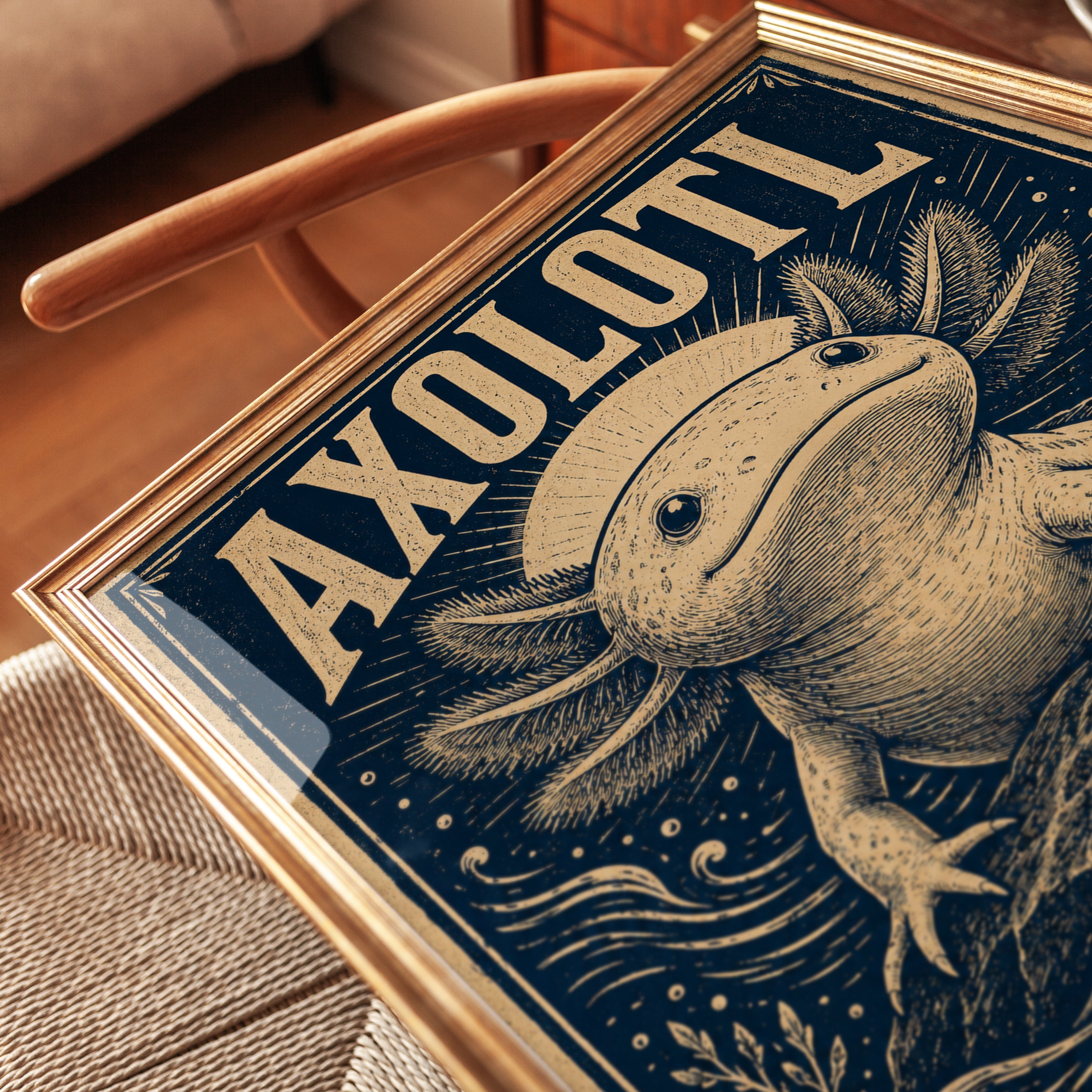 Axolotl Wall Art Print: Quirky Retro Linocut - detail