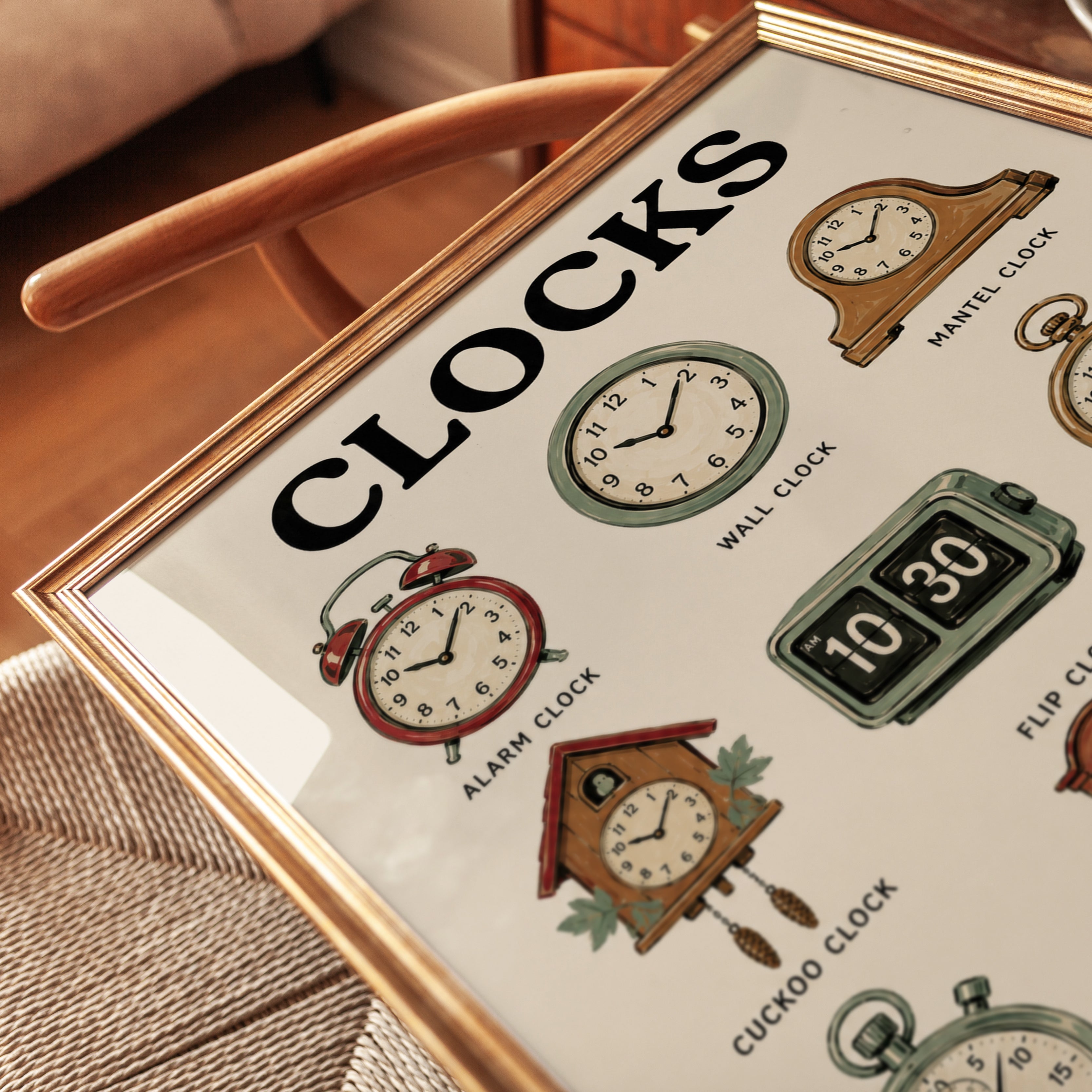 Vintage Clock Collection Chart: Retro Educational Wall Art - detail