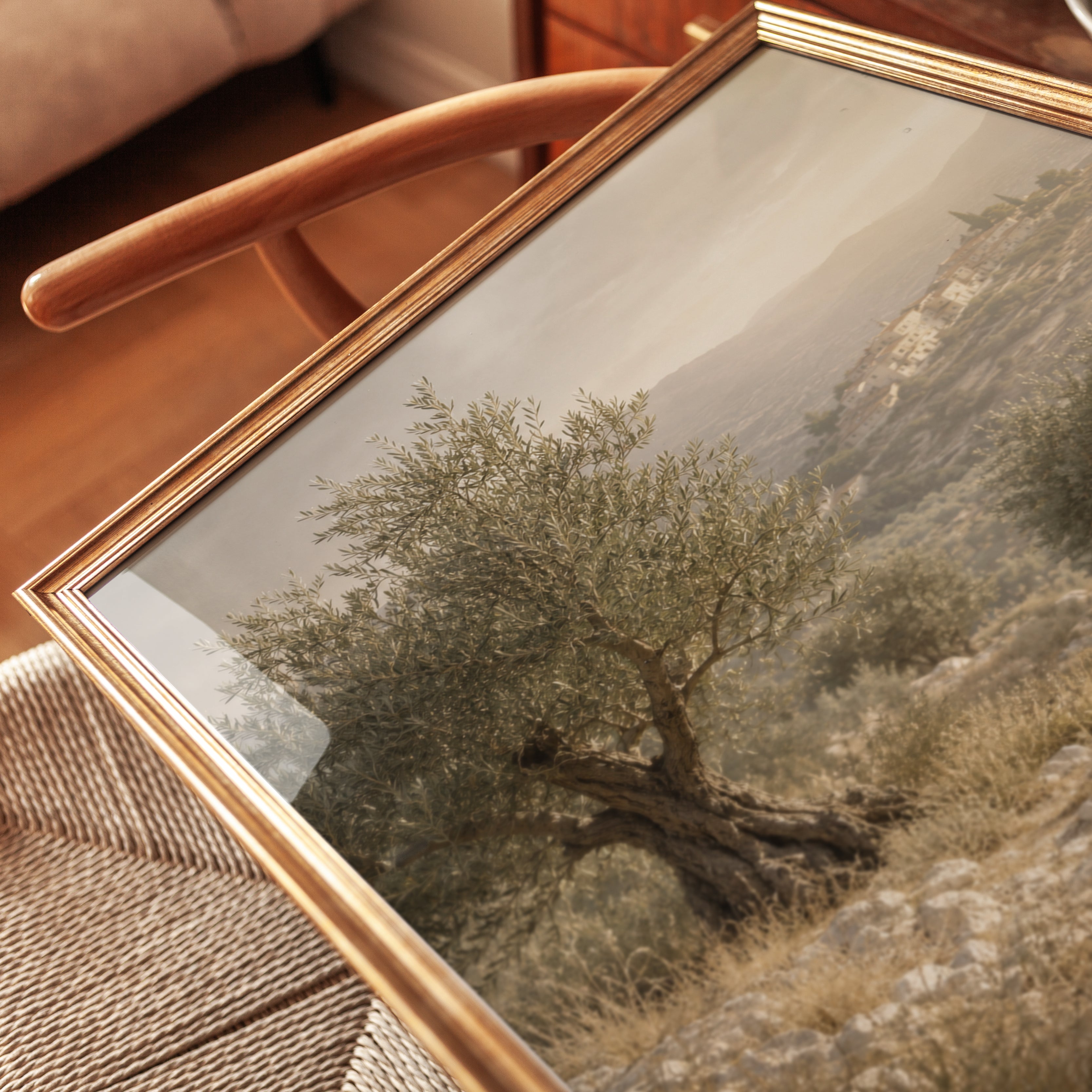 Olive Tree Print: Vintage Mediterranean Landscape (Rustic Wall Art) - detail