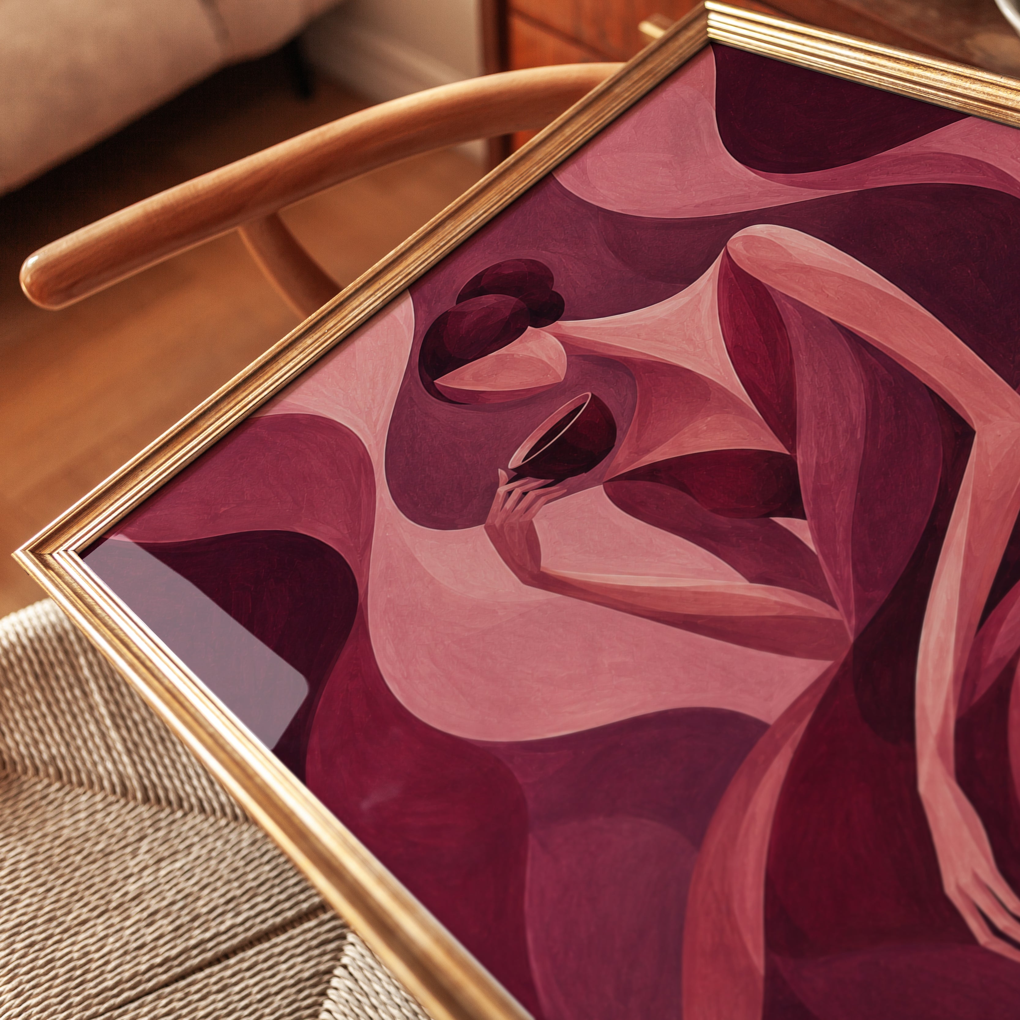 Cubist Woman With Coffee Cup Art Print: Pink Burgundy Abstract - detail