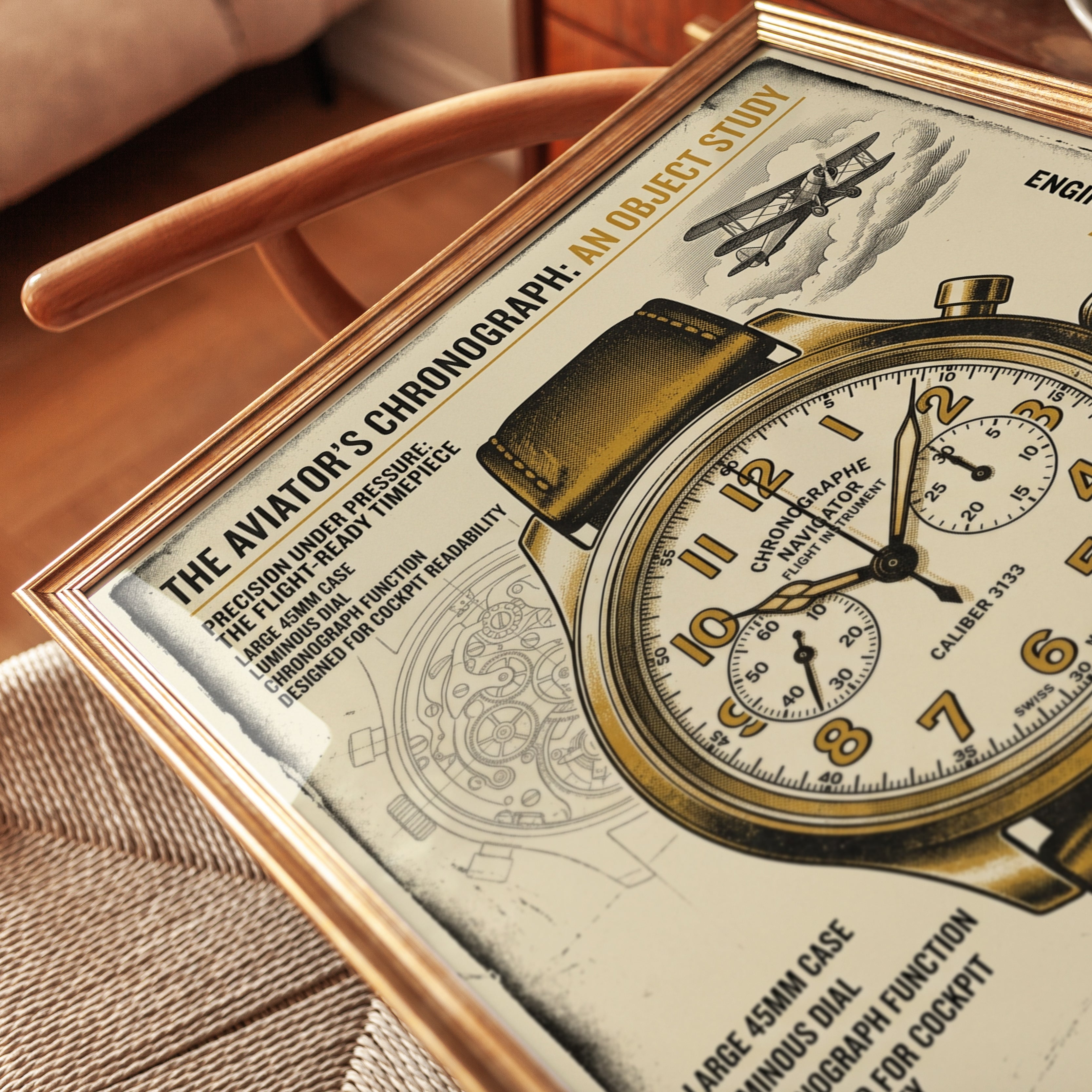 Vintage Aviator Chronograph Poster: Retro Aviation Watch Art - detail