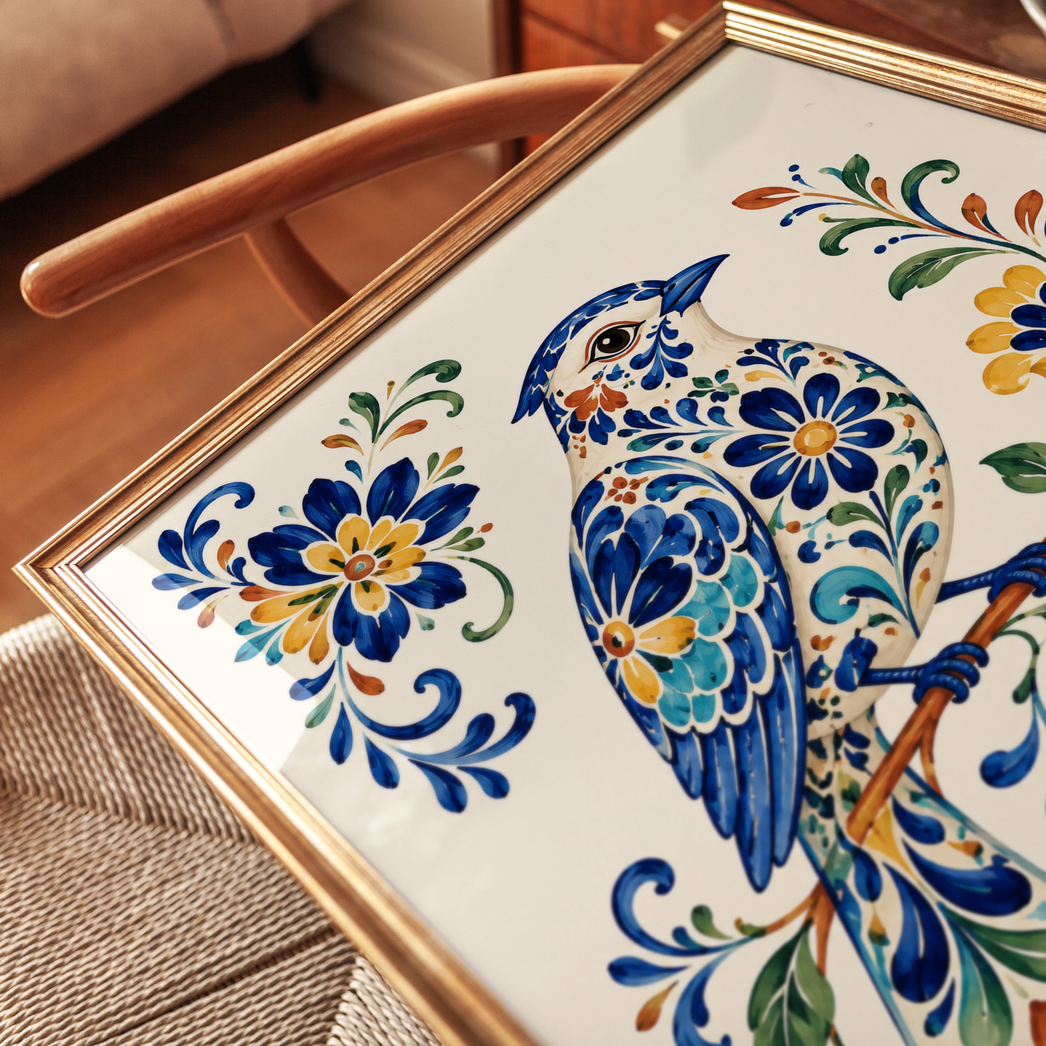Folk Art Bird Print – Decorative Floral Wall Art - detail