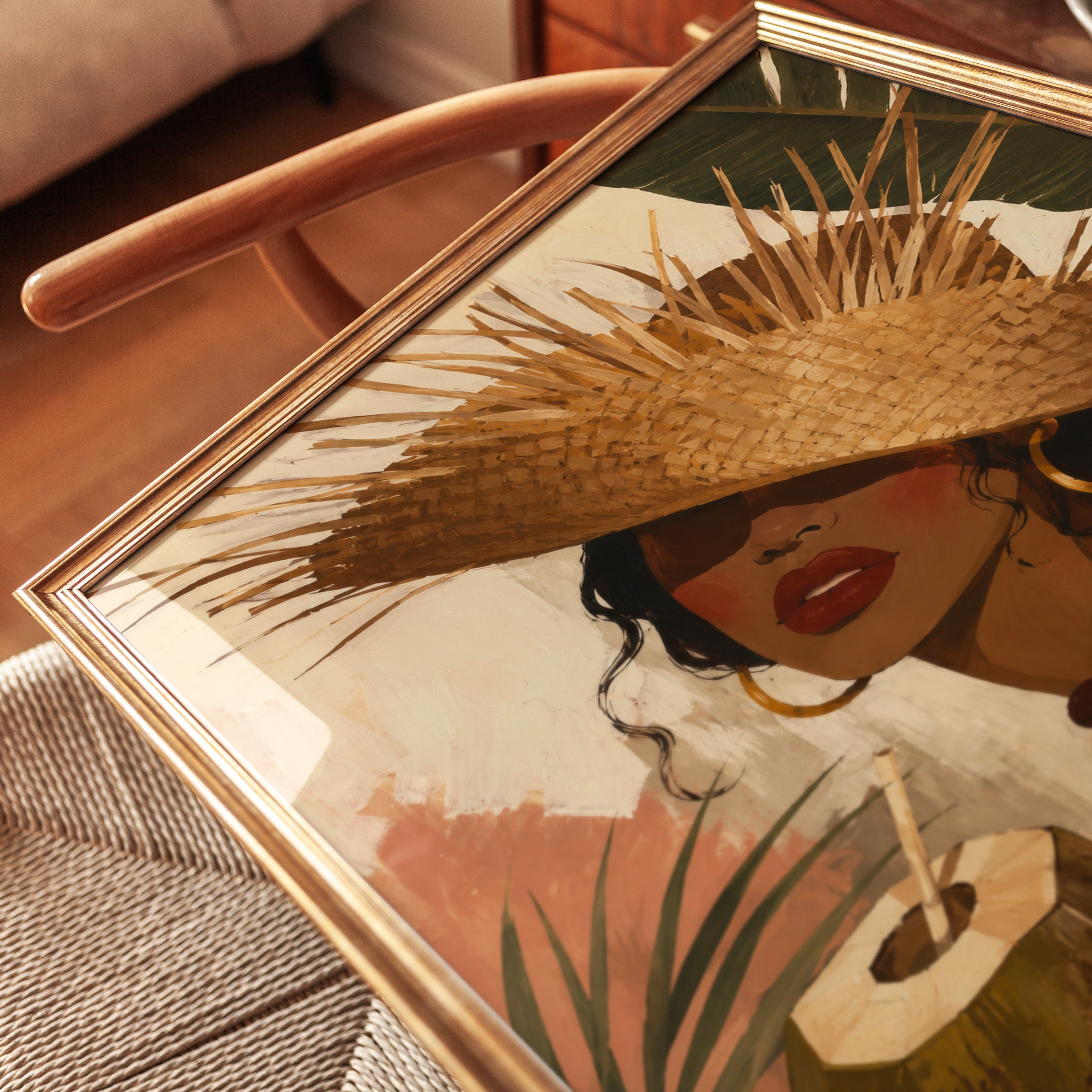 Tropical Woman With Straw Hat Art Print: Warm Earth Tones - detail
