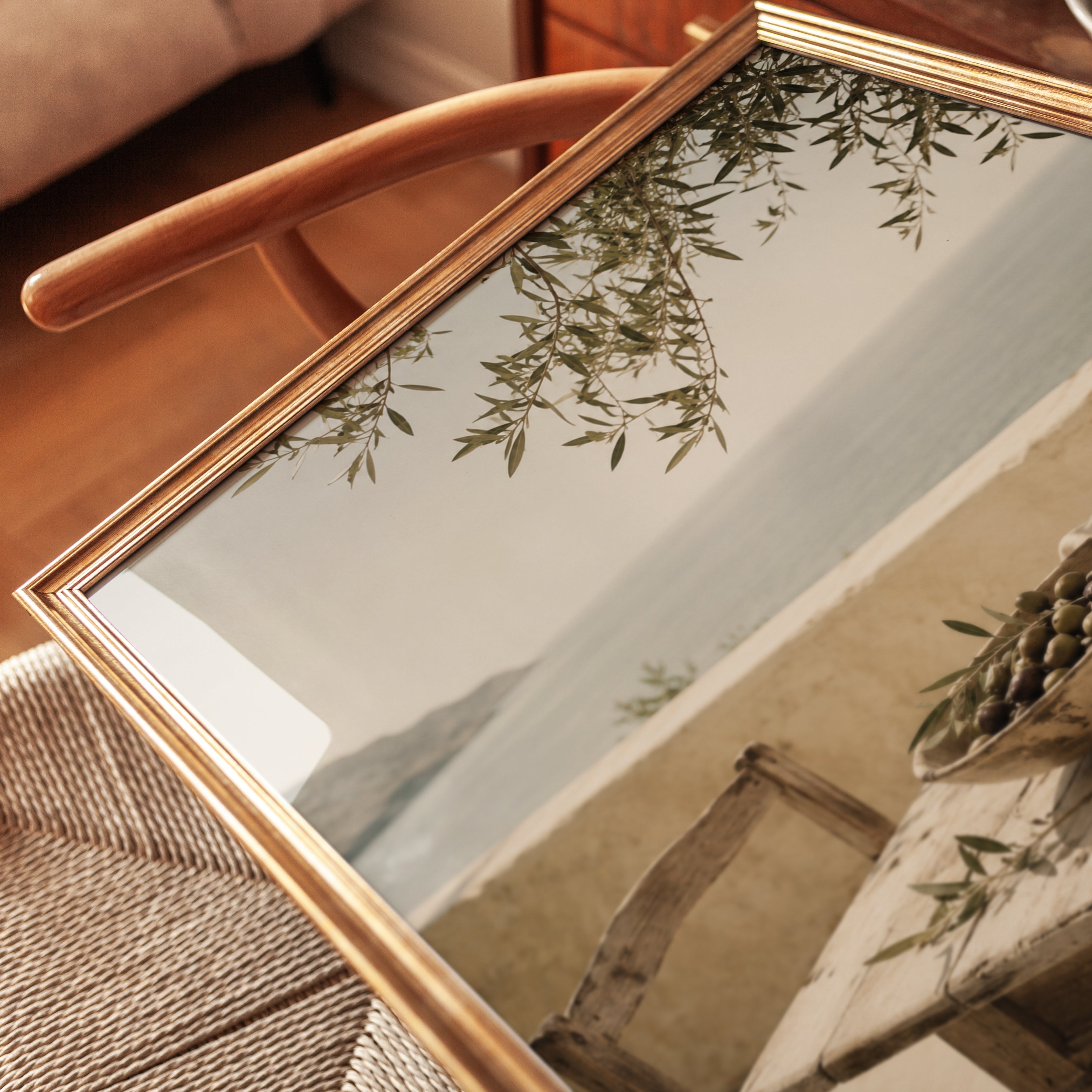 Mediterranean Olive Terrace Print: Vintage Sepia Coastal Wall Art - detail