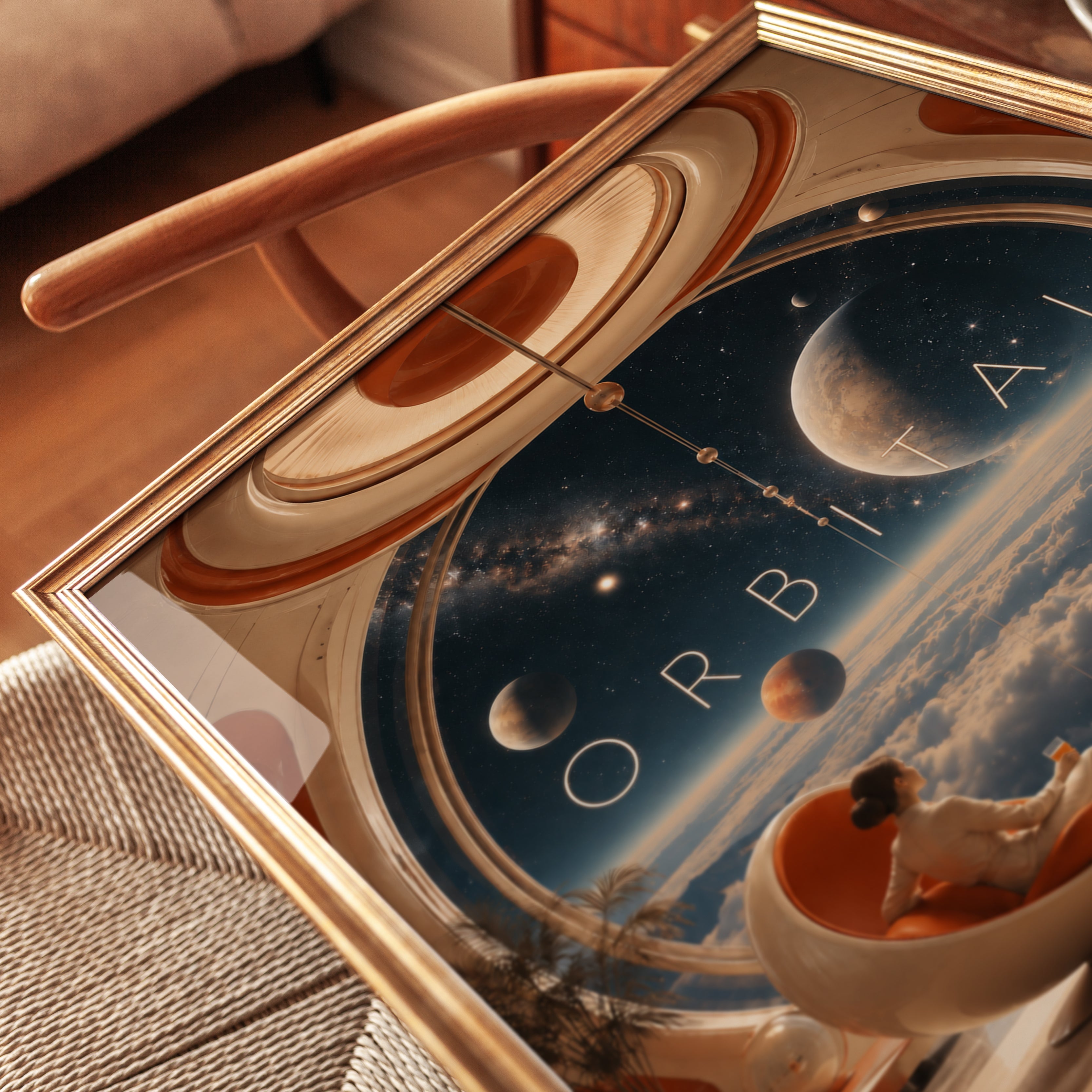 Orbital Space Lounge Art Print: Retro Futuristic Interior Design - detail