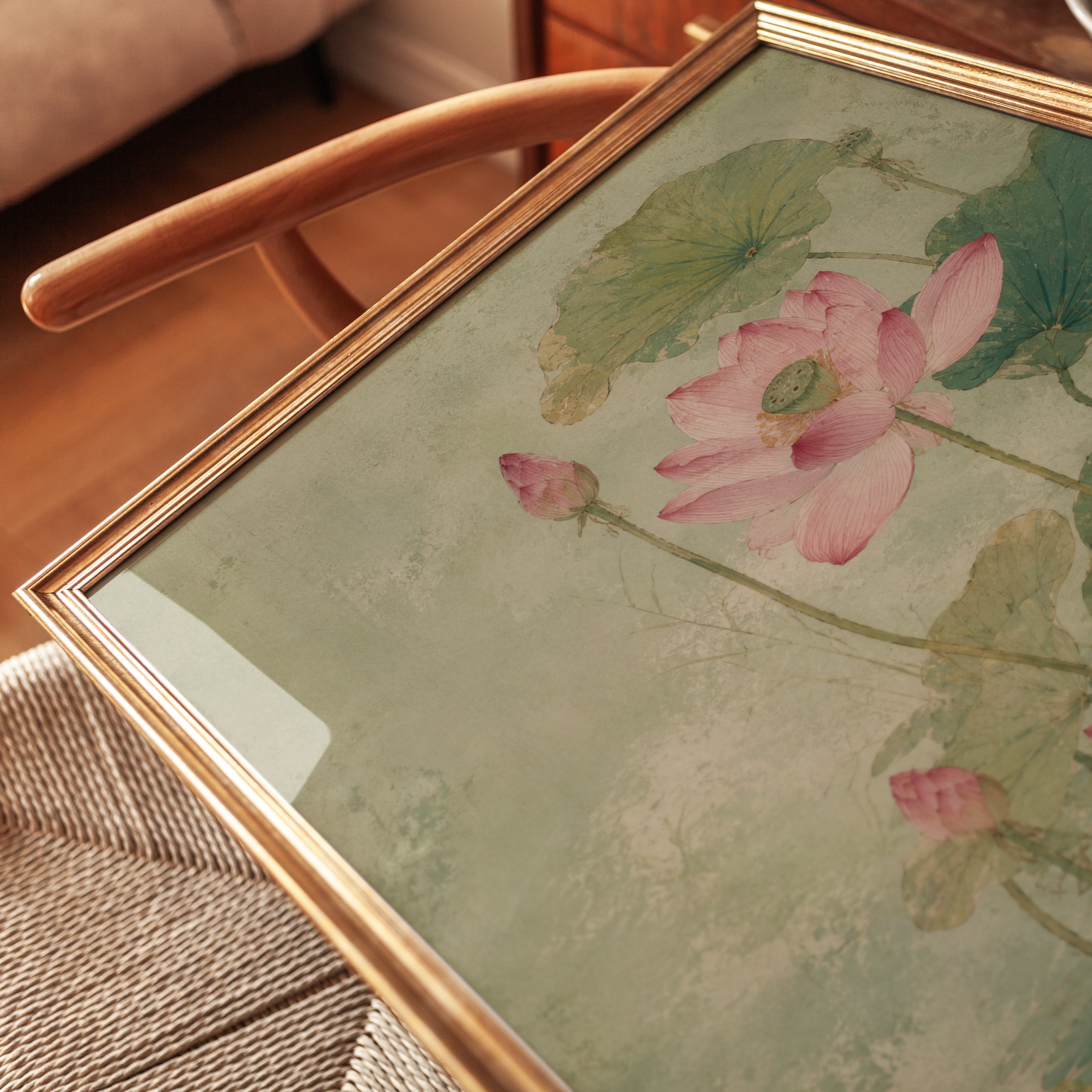 Pink Lotus Botanical Print: Vintage Asian Watercolor Art - detail