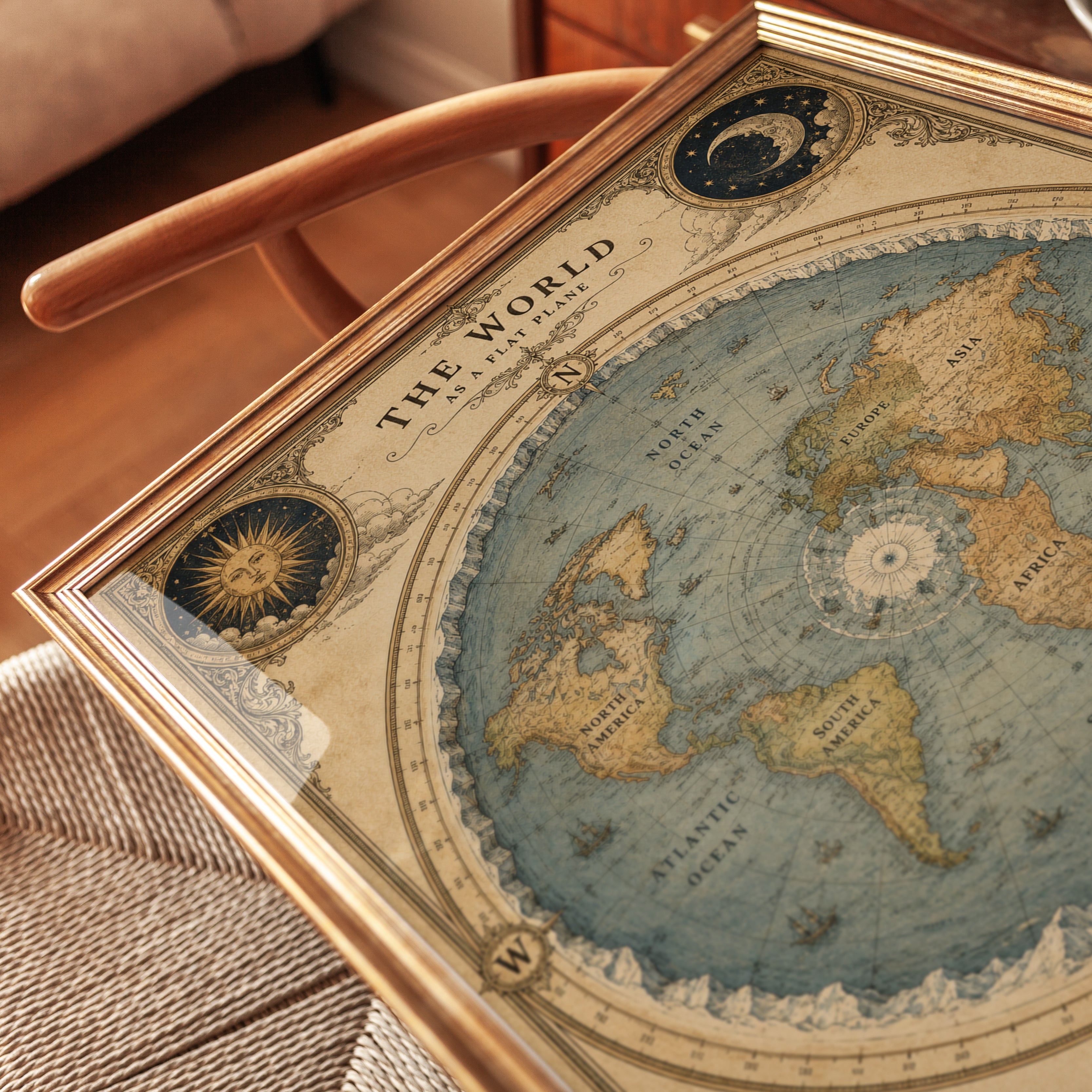 Flat Earth Map Poster – Vintage World Map Print - detail