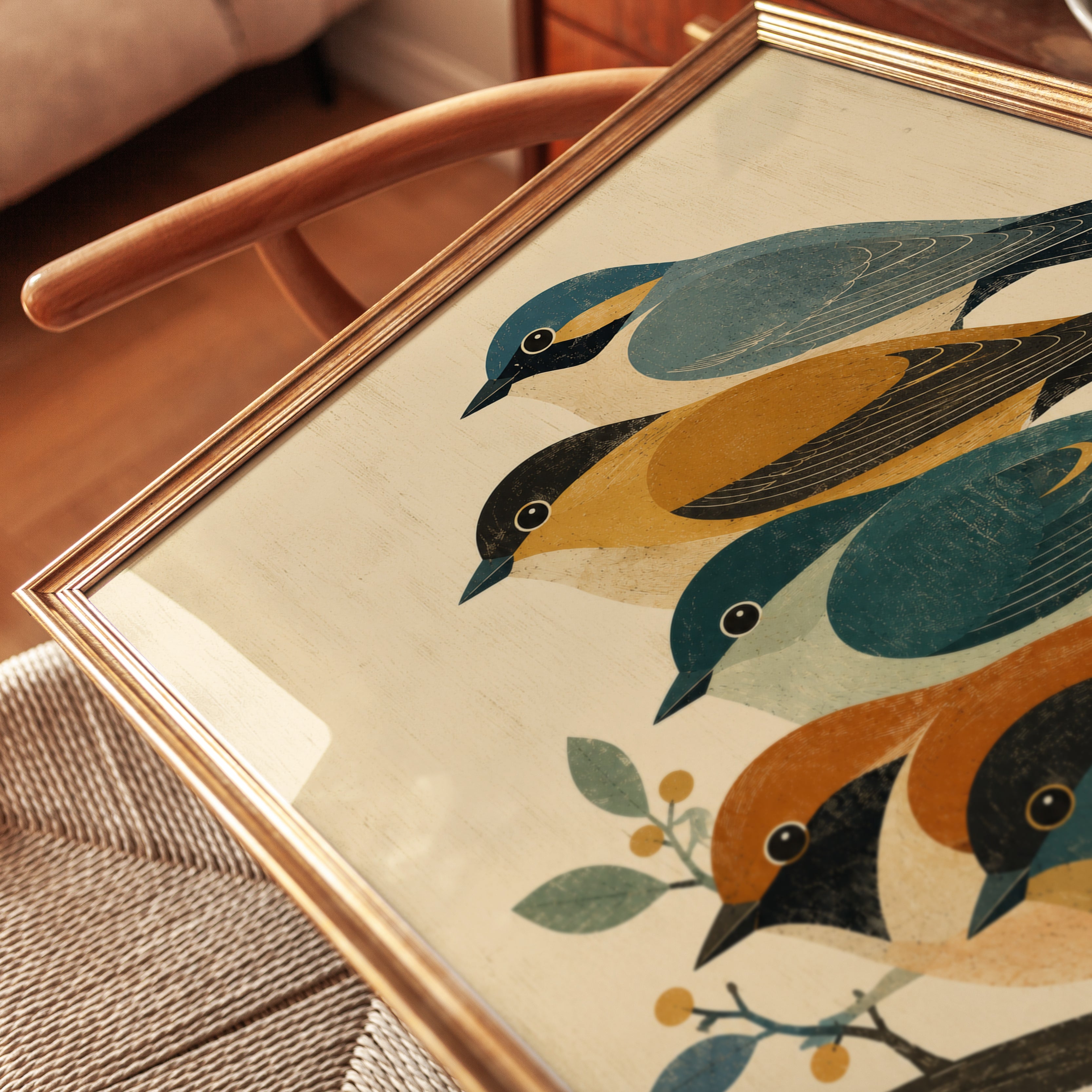 Vintage Bird Illustration Print — Folk Art Style - detail