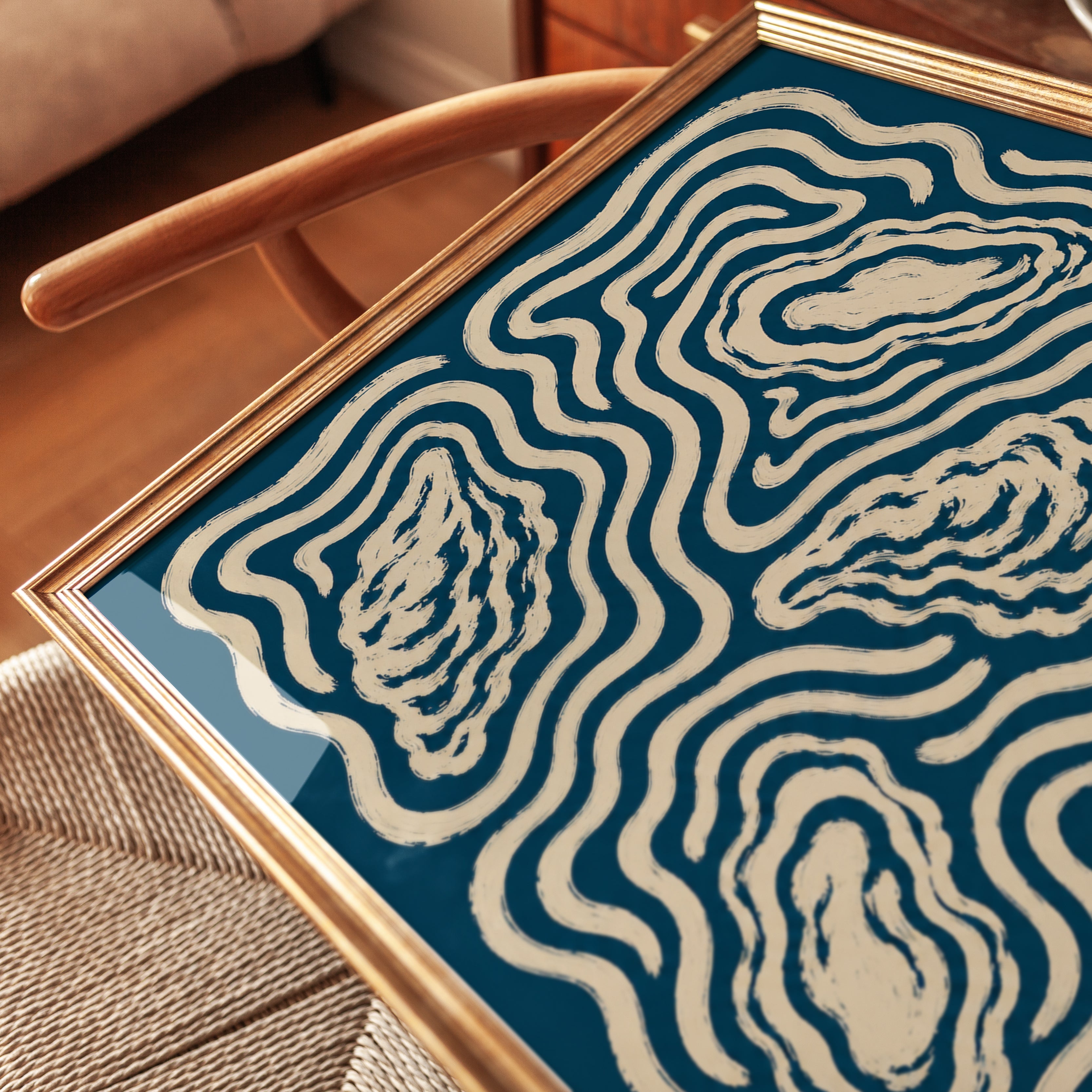Oyster Topography Art Print: Abstract Contour Map in Navy Blue - detail