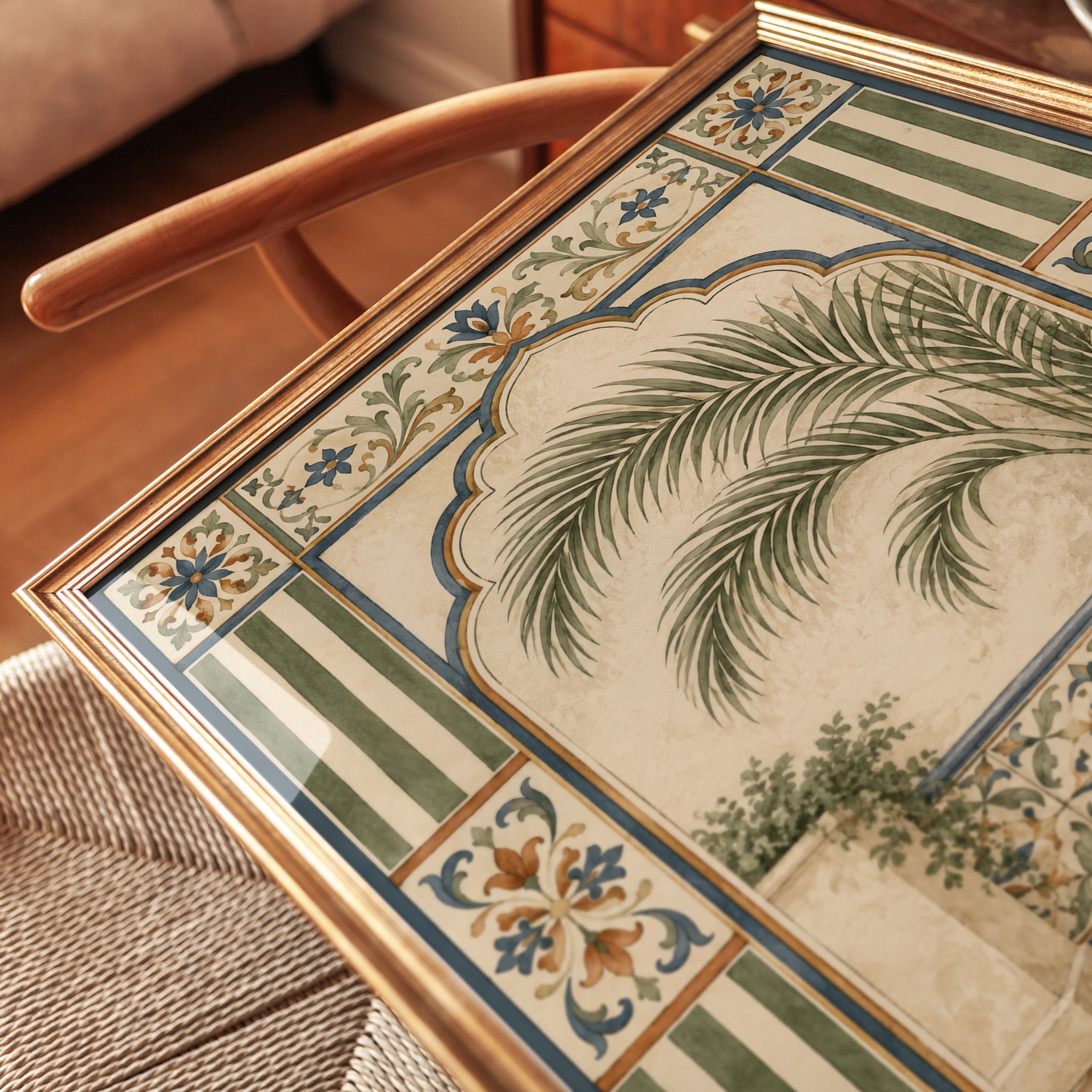 Moroccan Palm Courtyard Print: Mediterranean Tile Art - detail