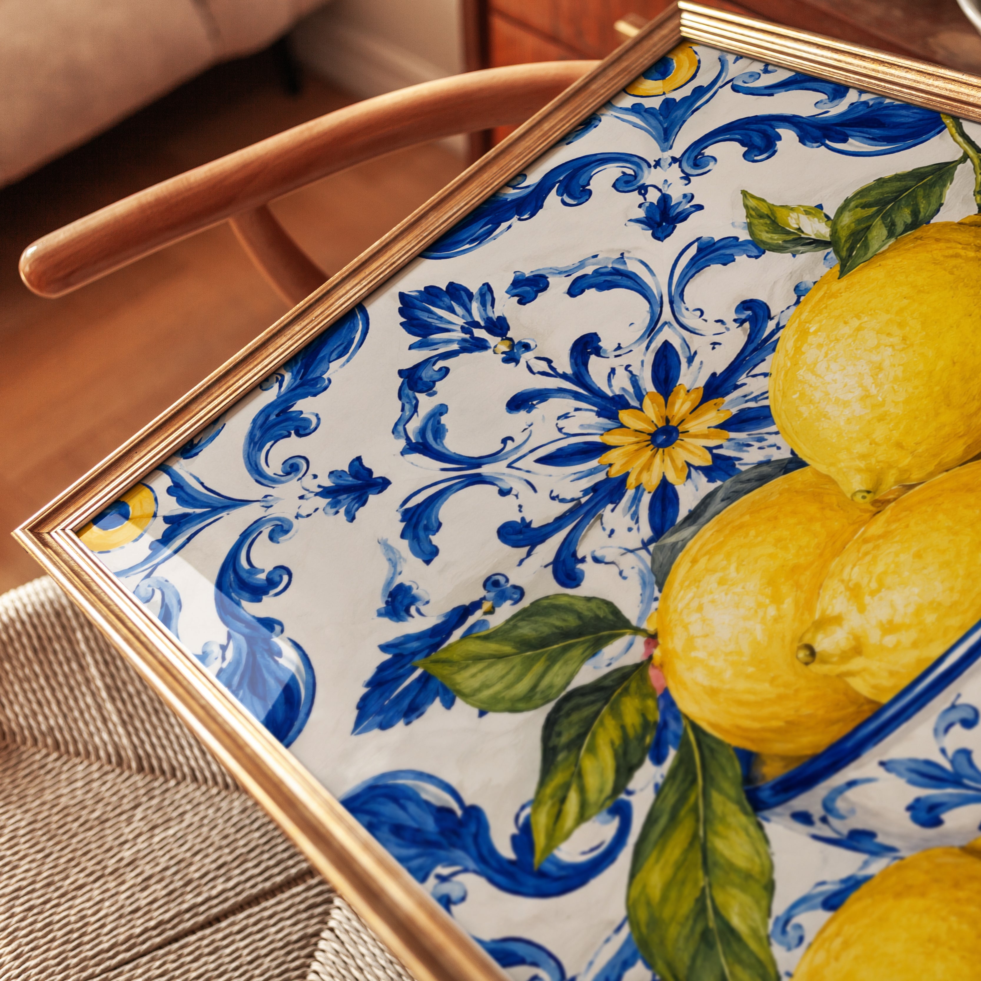 Mediterranean Lemons Art Print: Blue Majolica Tile Pattern - detail