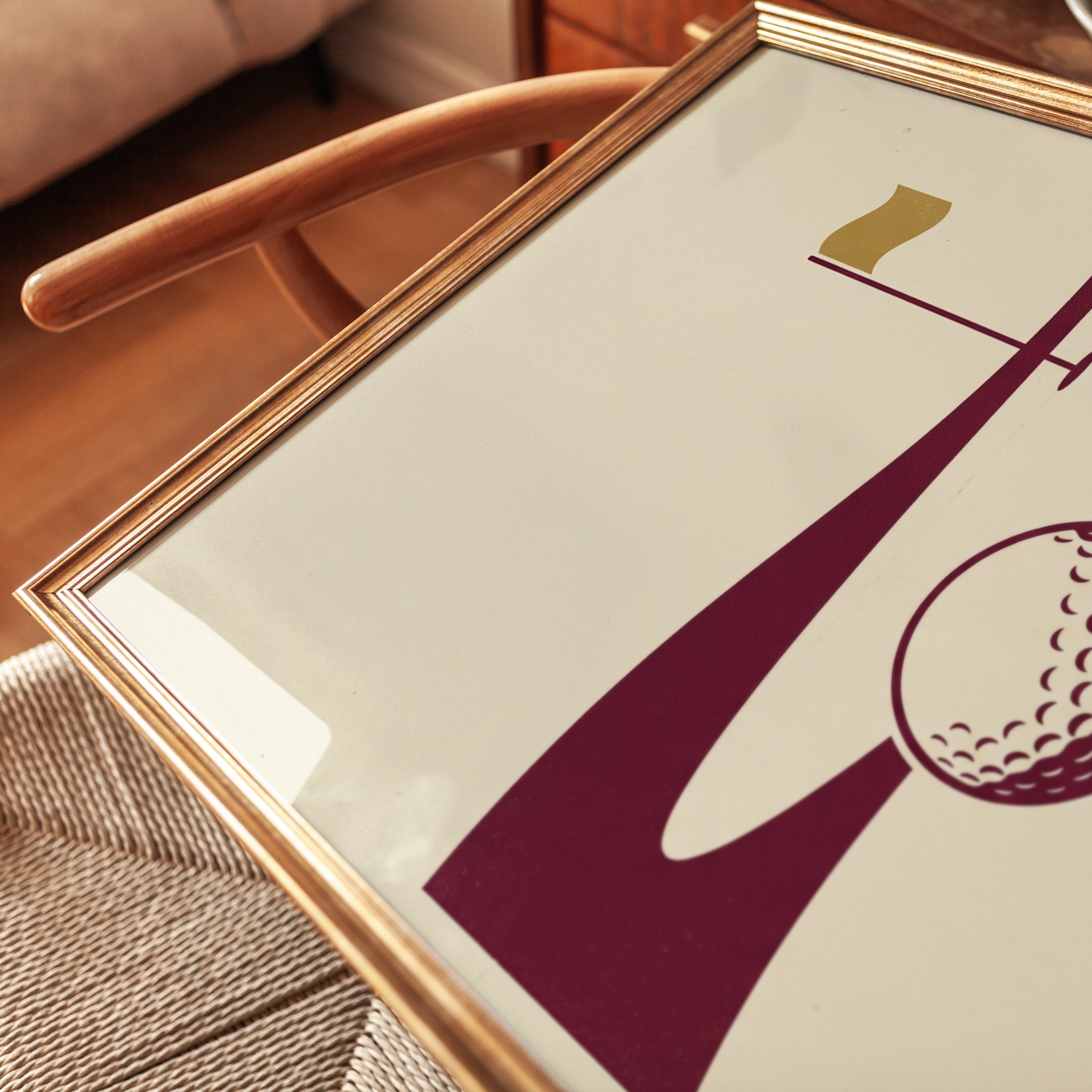 Golf Course Print: Minimalist Burgundy and Gold Sports Art - detail