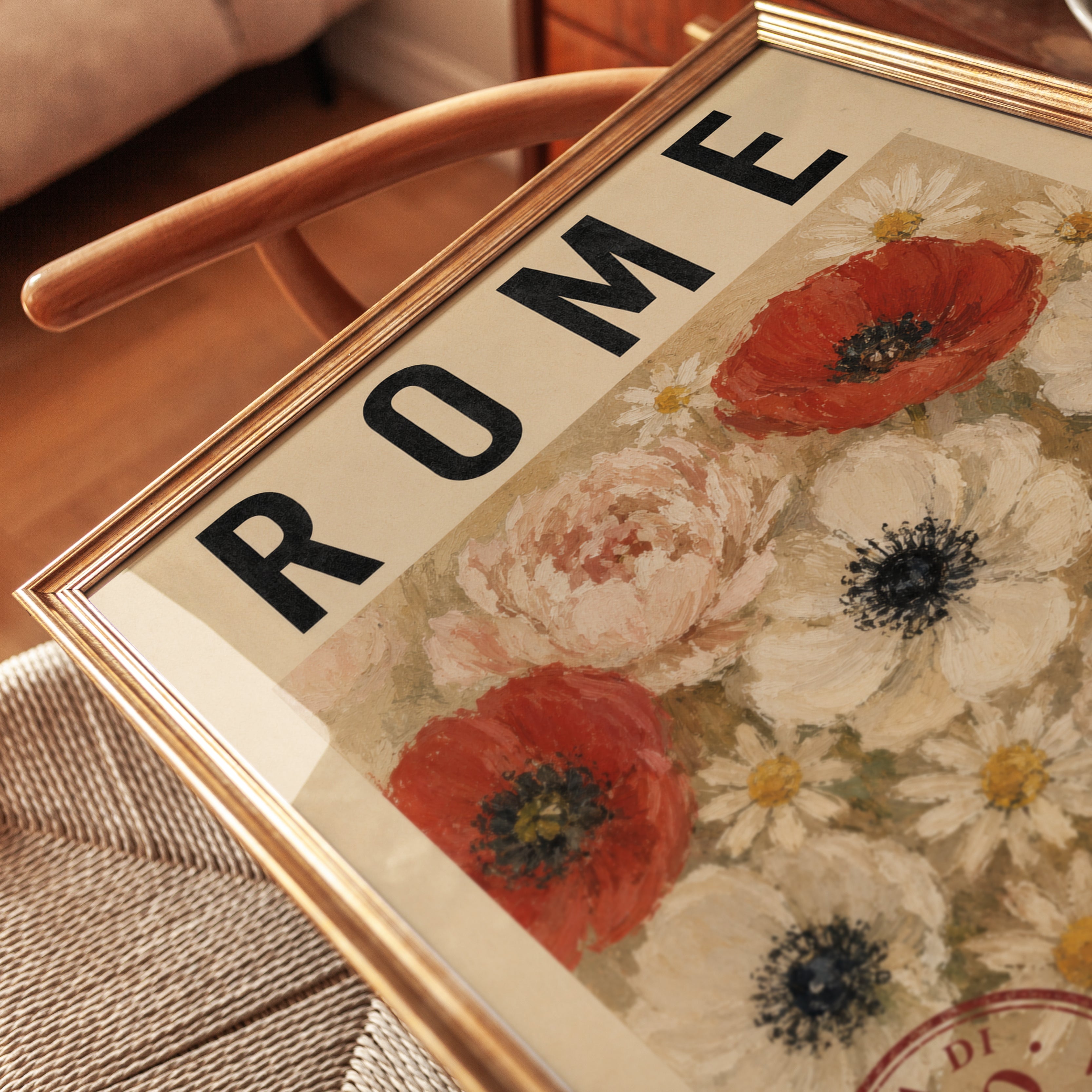 Rome Floral Wall Art: Vintage Poppy and Daisy Botanical Print - detail