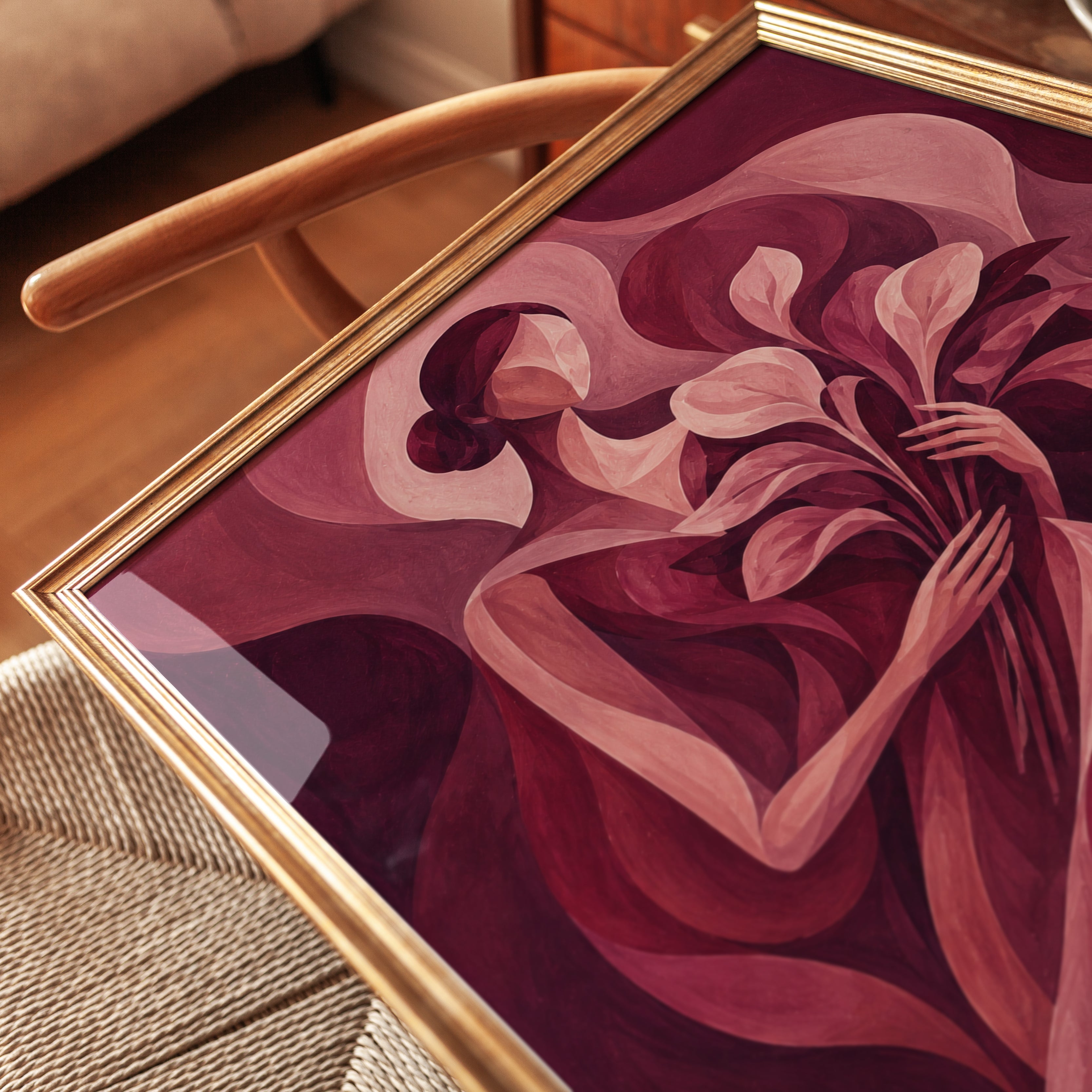 Art Deco Woman With Calla Lilies: Pink and Burgundy Wall Art - detail