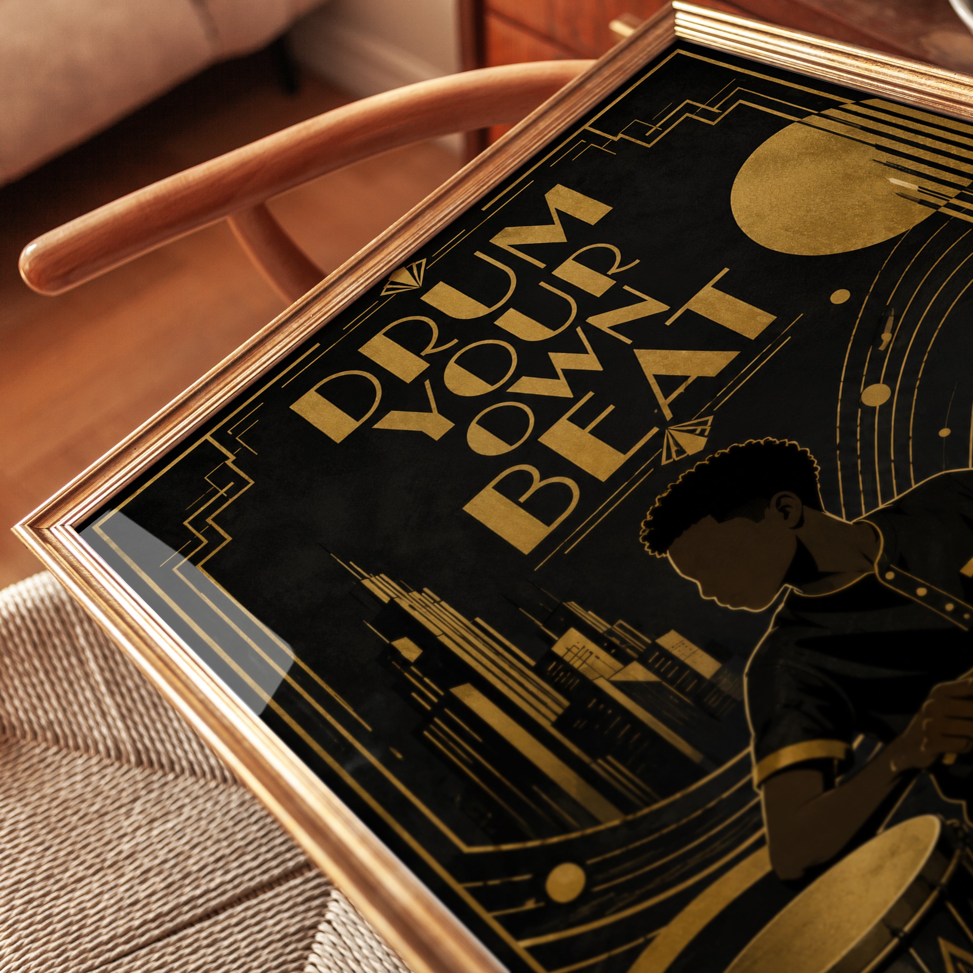 Drum Your Own Beat Art Deco Poster: Gold and Black Music Print - detail