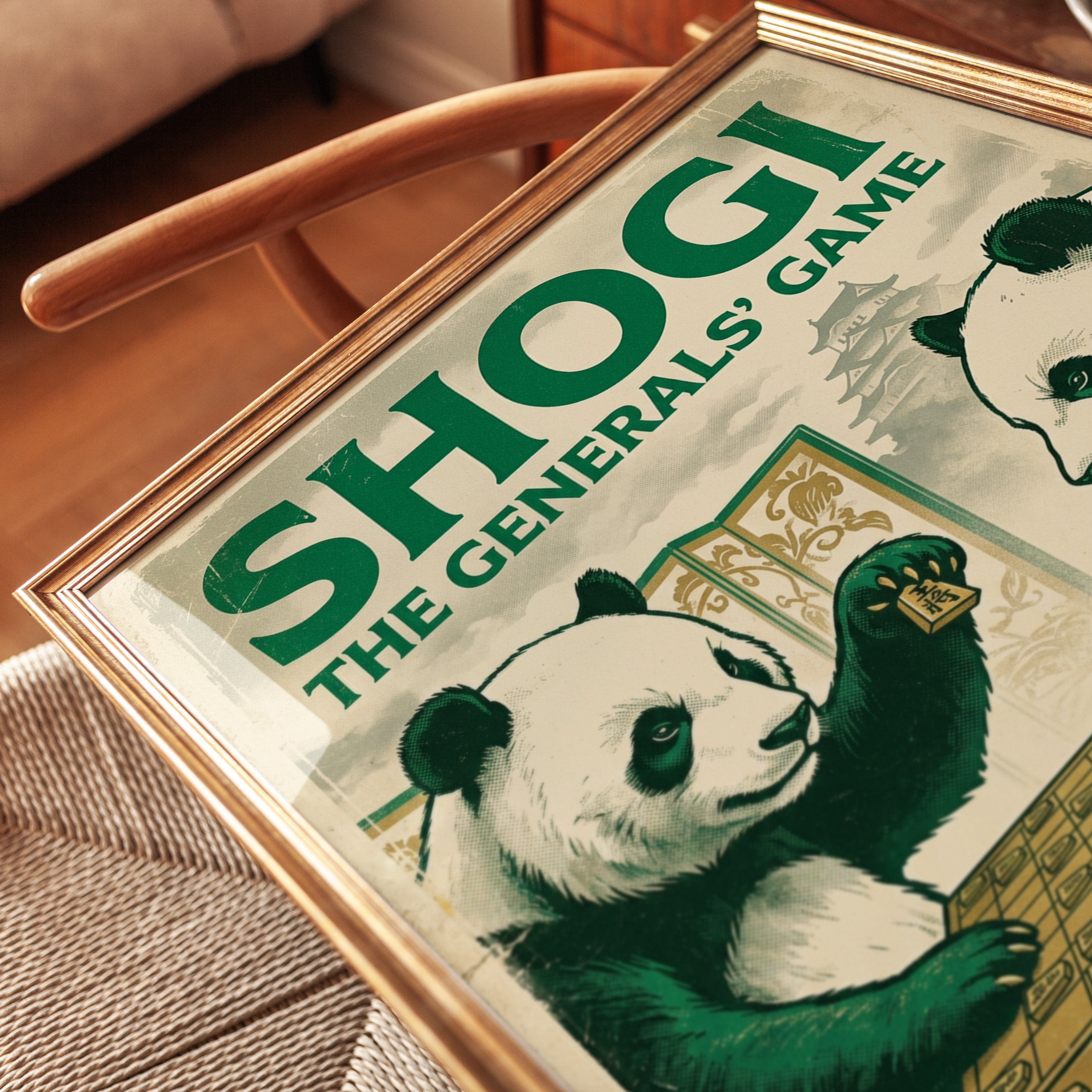 Shogi Pandas Playing Japanese Chess: Vintage Green Board Game Poster - detail
