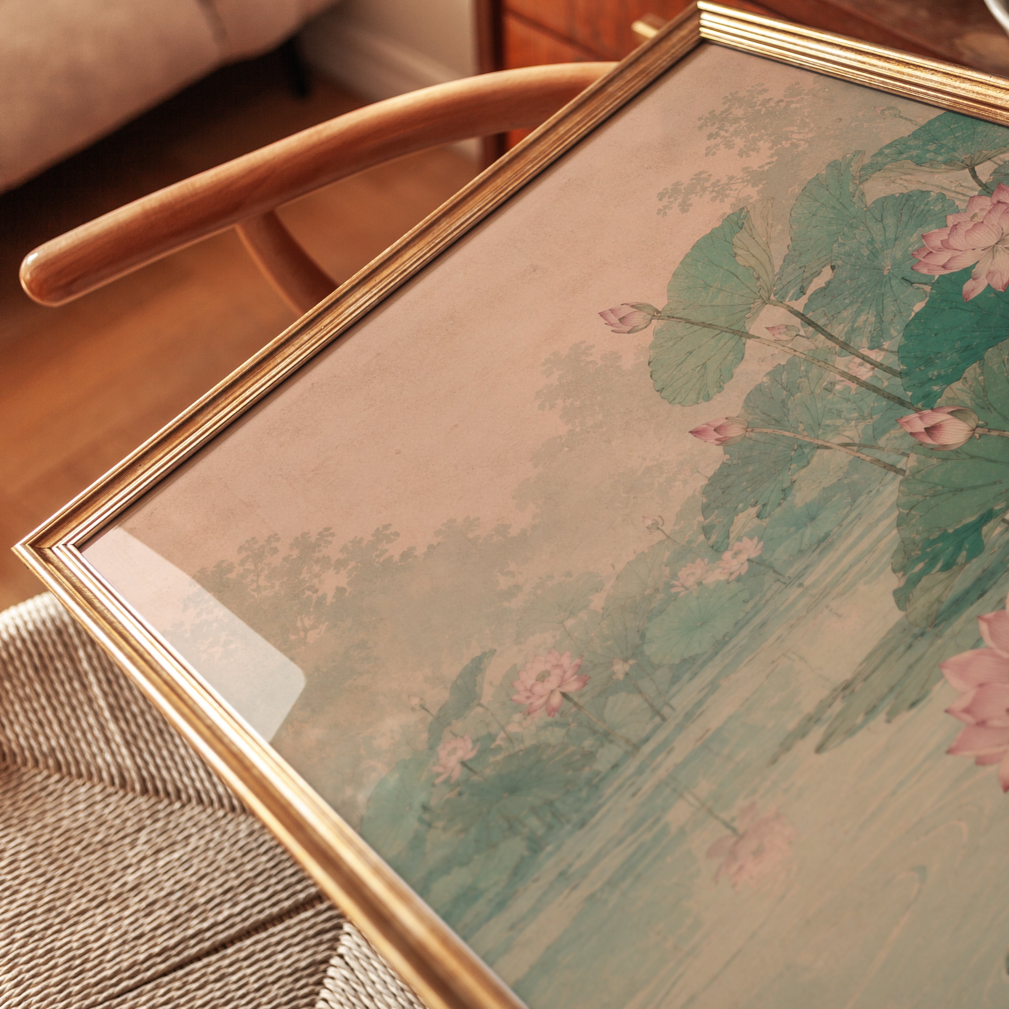 Lotus Pond Wall Art: Vintage Asian Botanical Print - detail