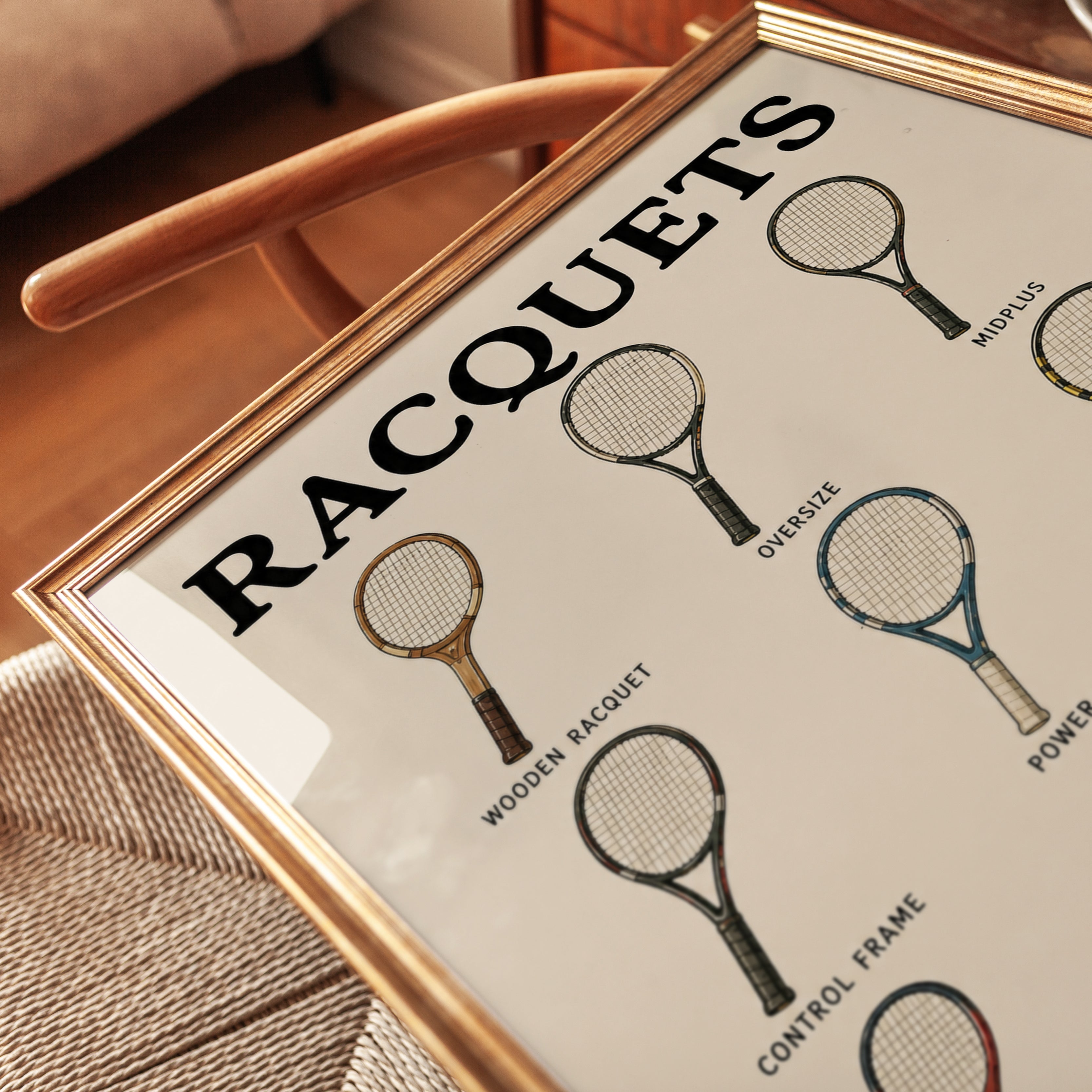 Tennis Racquet Types Print — Vintage Sports Illustration - detail