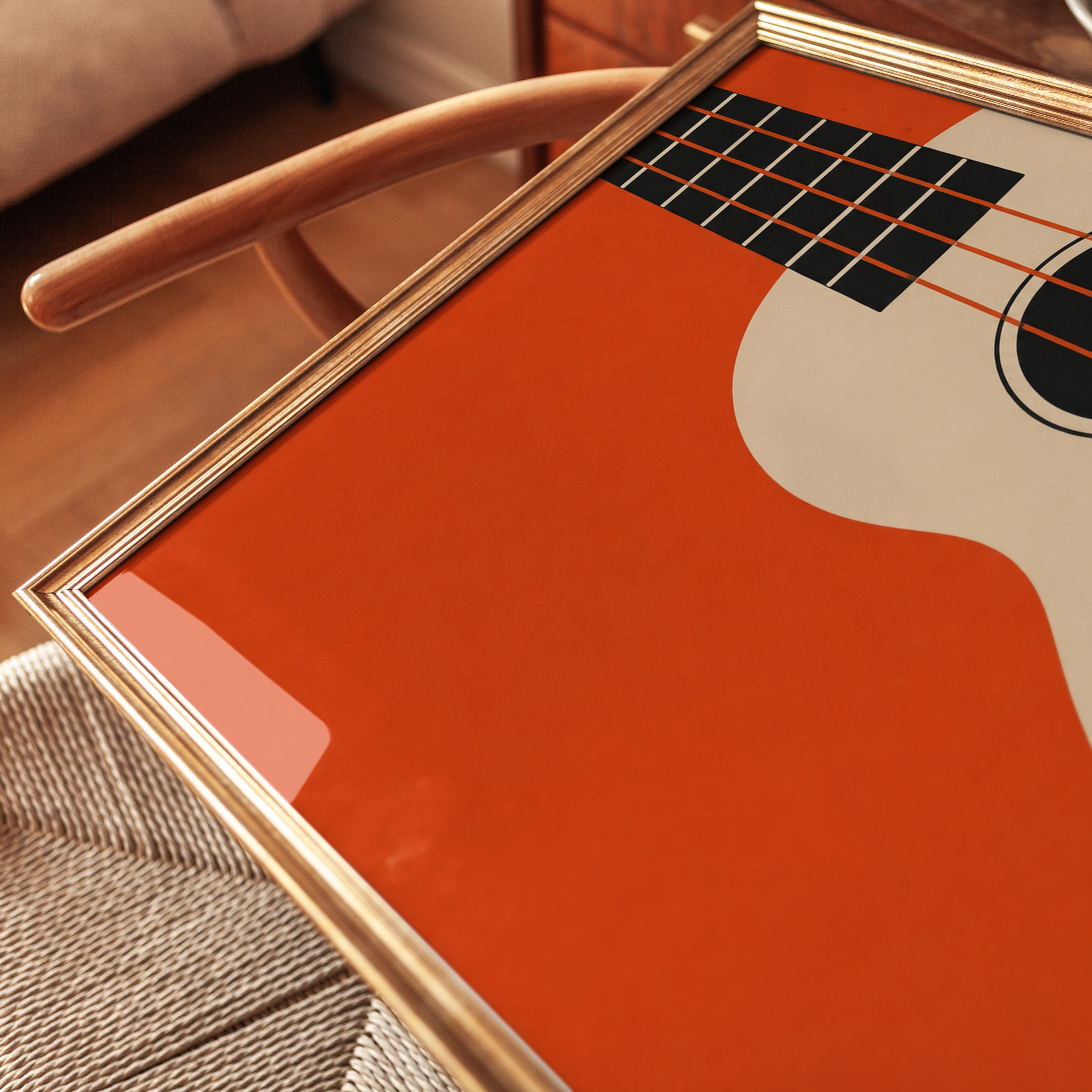 Minimalist Guitar Poster: Mid-Century Modern Orange Music Art - detail