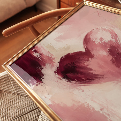 Abstract Heart Wall Art: Pink and Burgundy Brushstroke Painting - detail