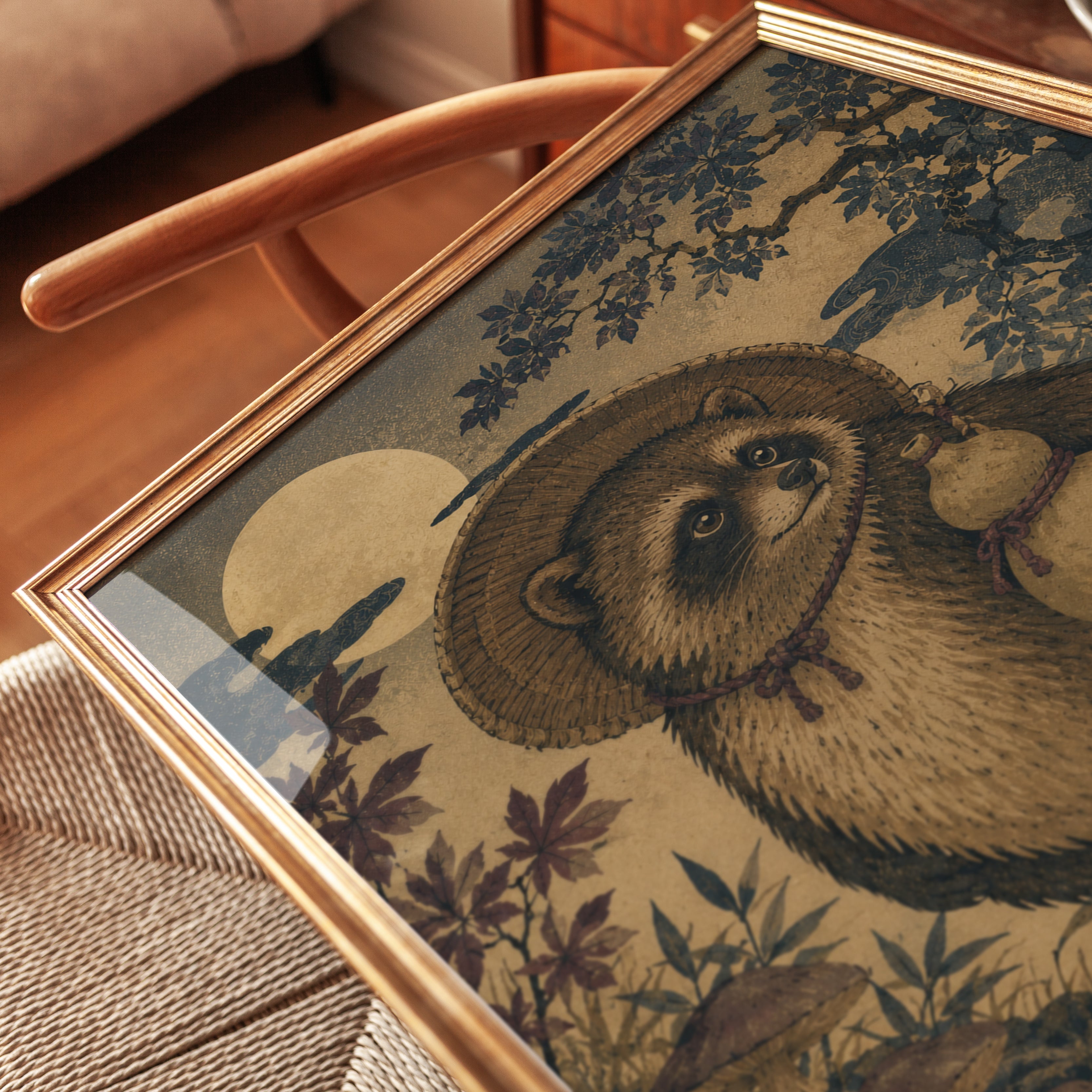 Tanuki Traveler Print: Japanese Folk Art Woodland Illustration - detail