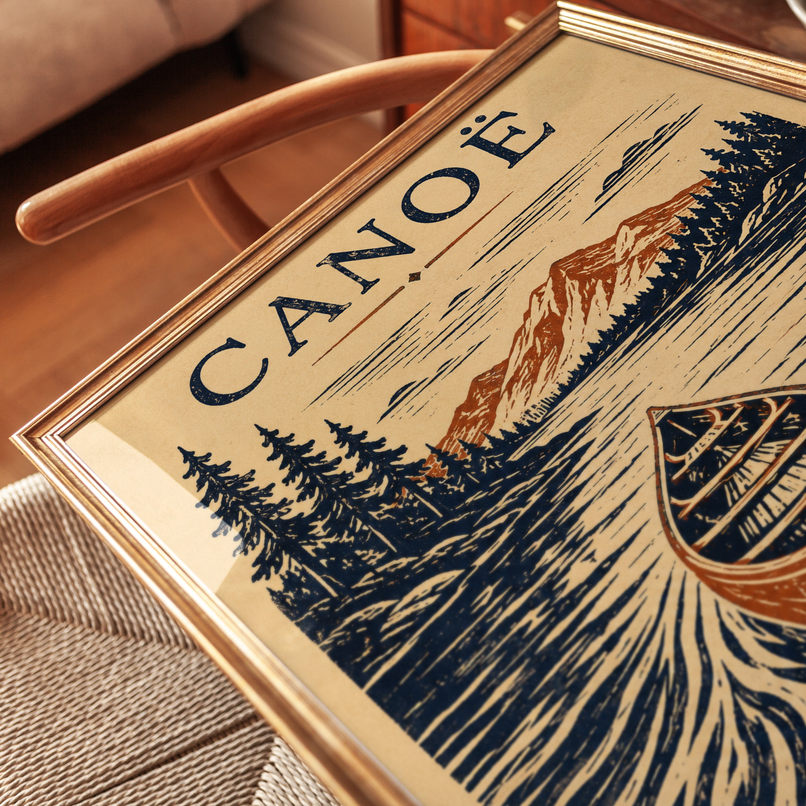 Canoe Wall Art – Vintage Lake Print - detail