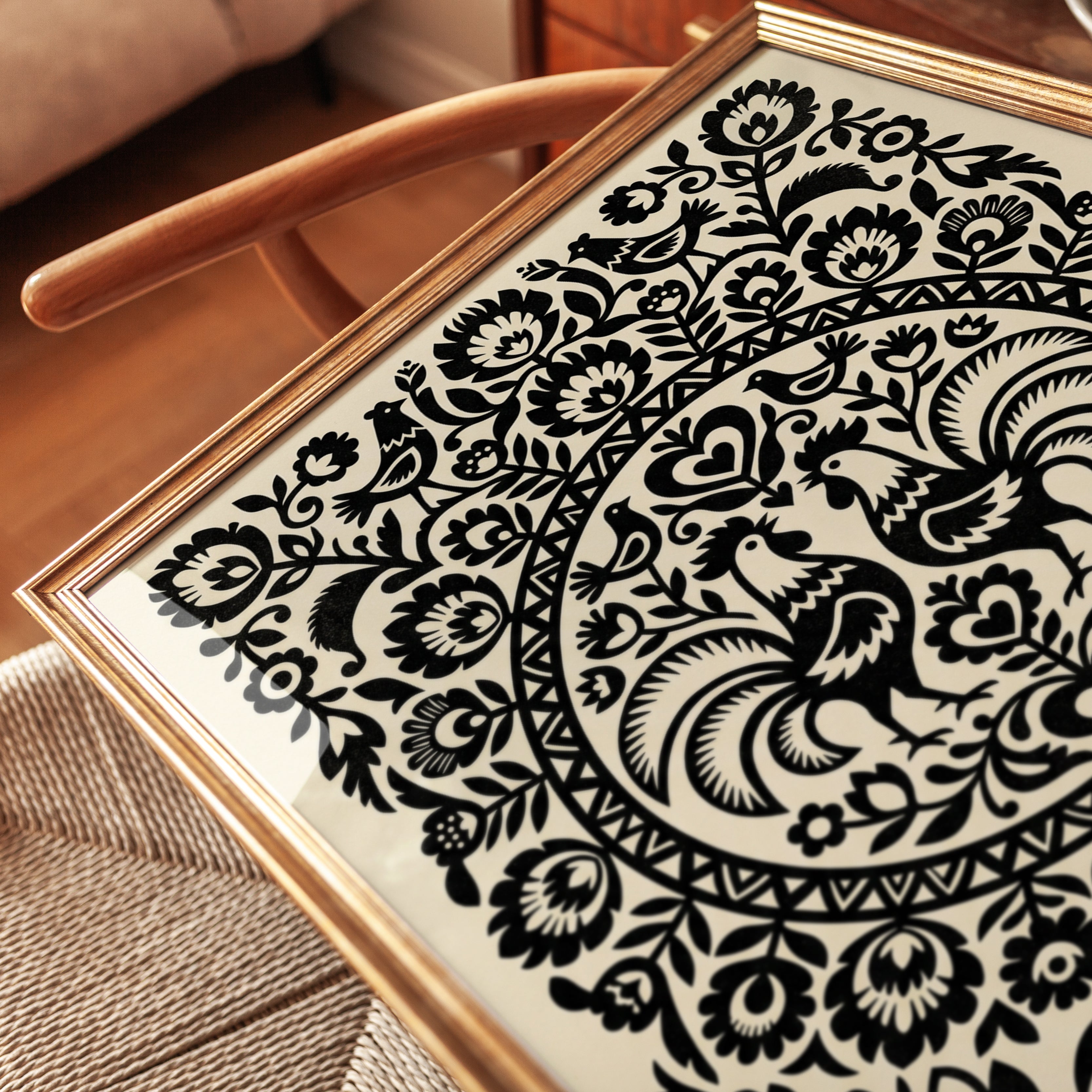 Polish Folk Art Print: Black Roosters and Floral Symmetry - detail