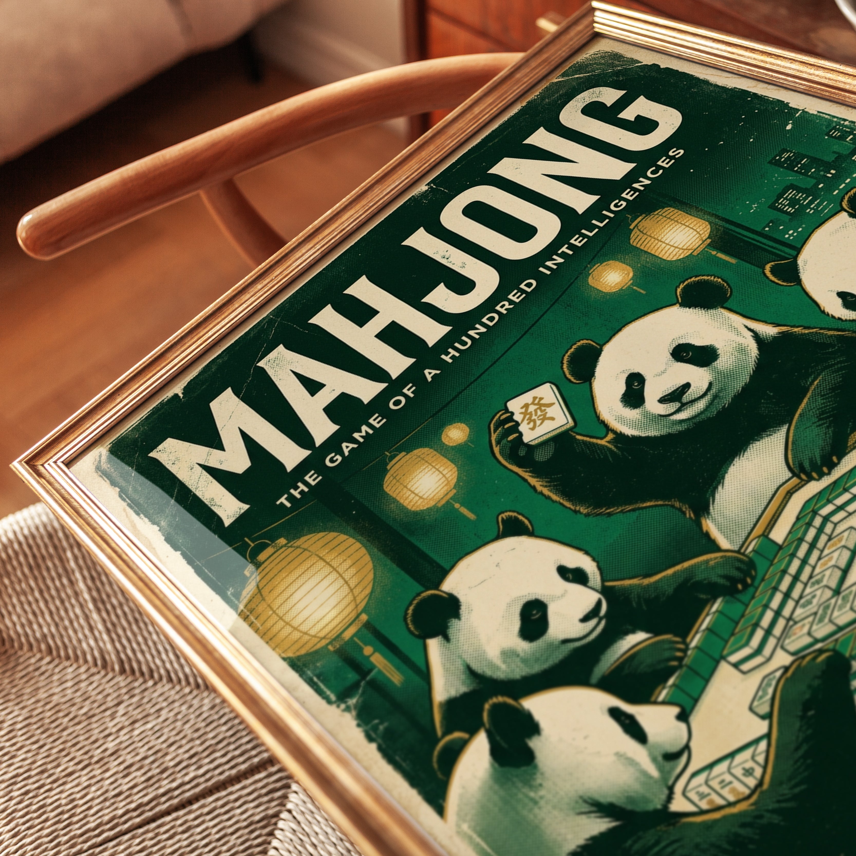 Mahjong Pandas Poster: Vintage Game Night Art Print - detail