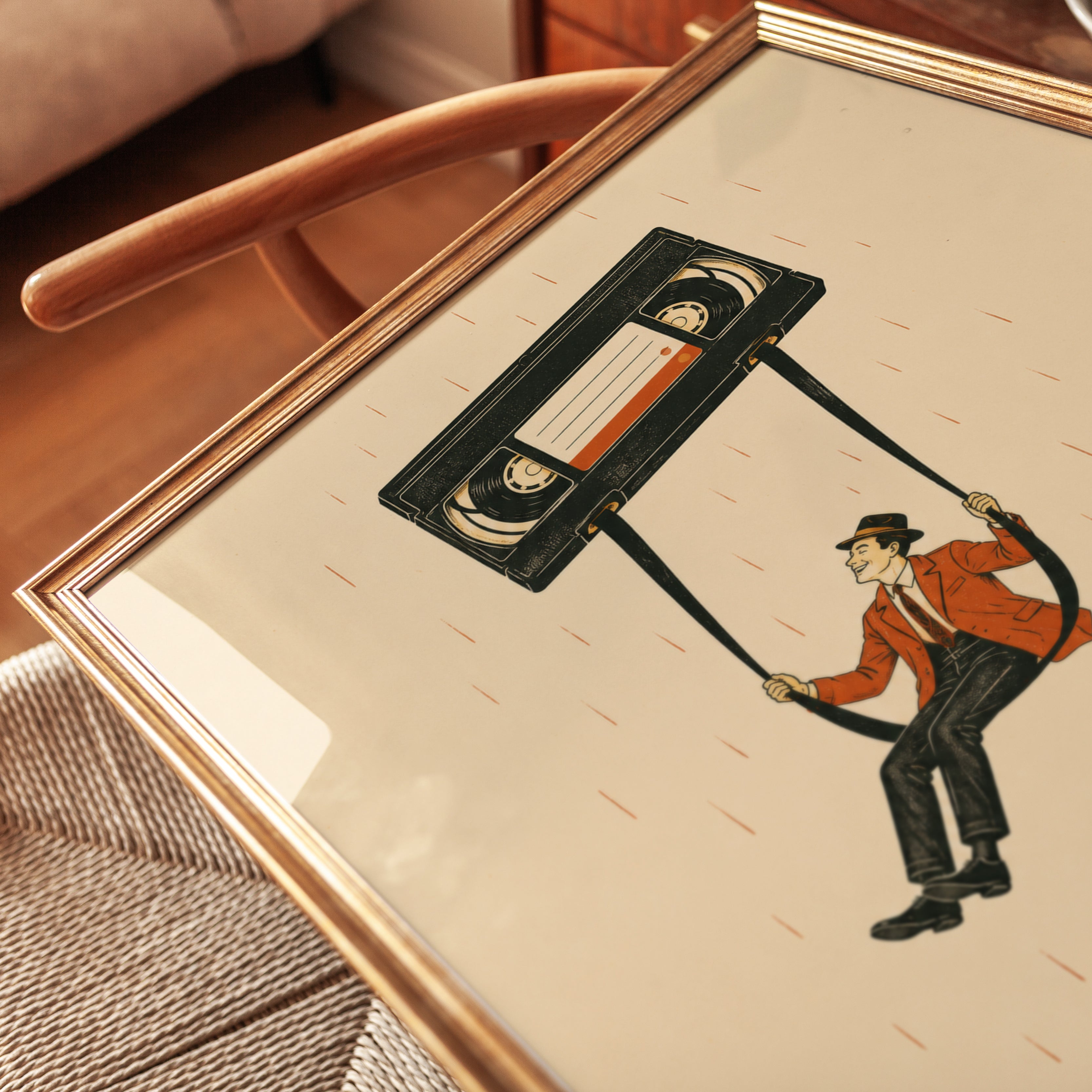 Nostalgic VHS Tape Print: Retro Swing Illustration in Warm Tones - detail