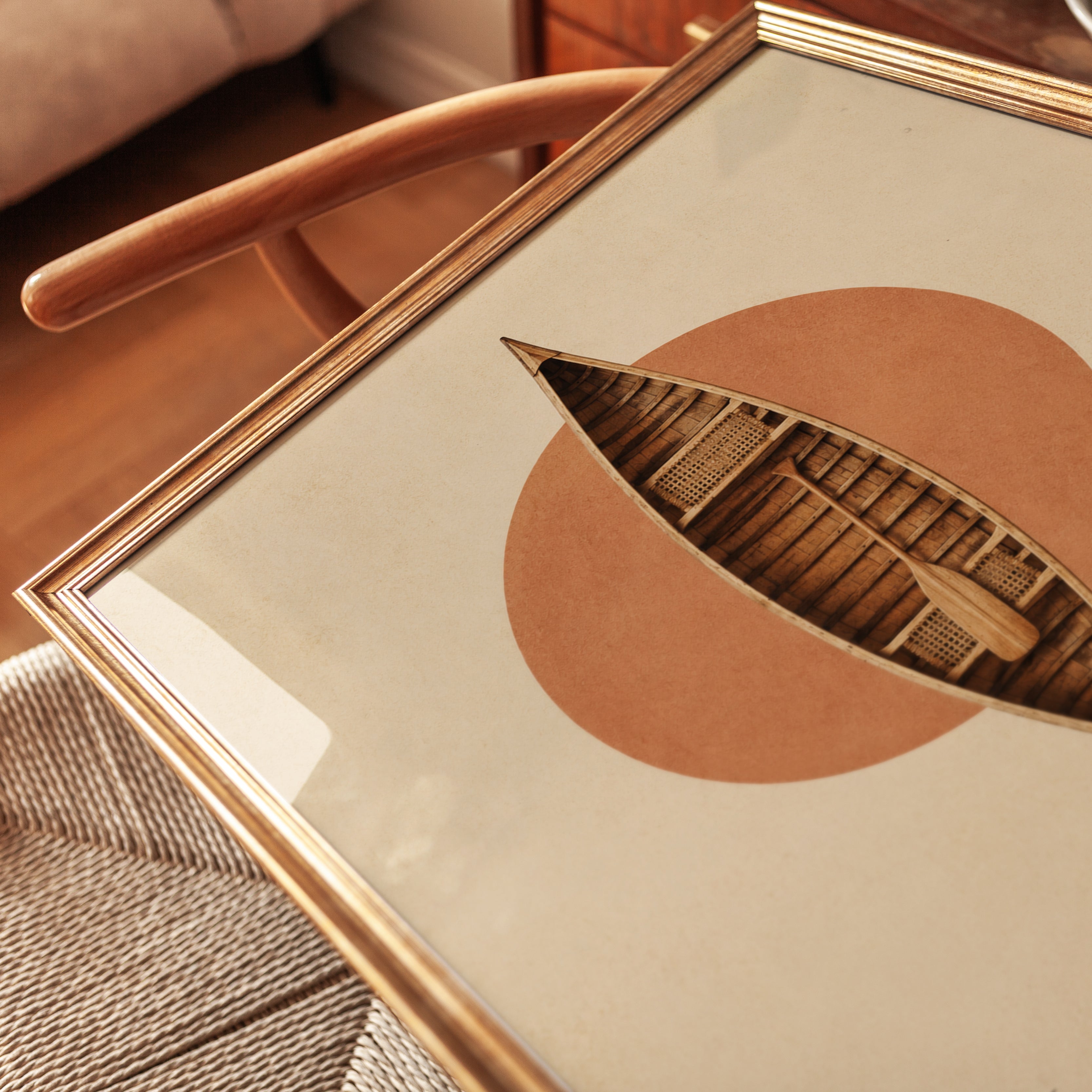 Vintage Canoe Poster: Minimalist Geometric Earth Tones Wall Art - detail