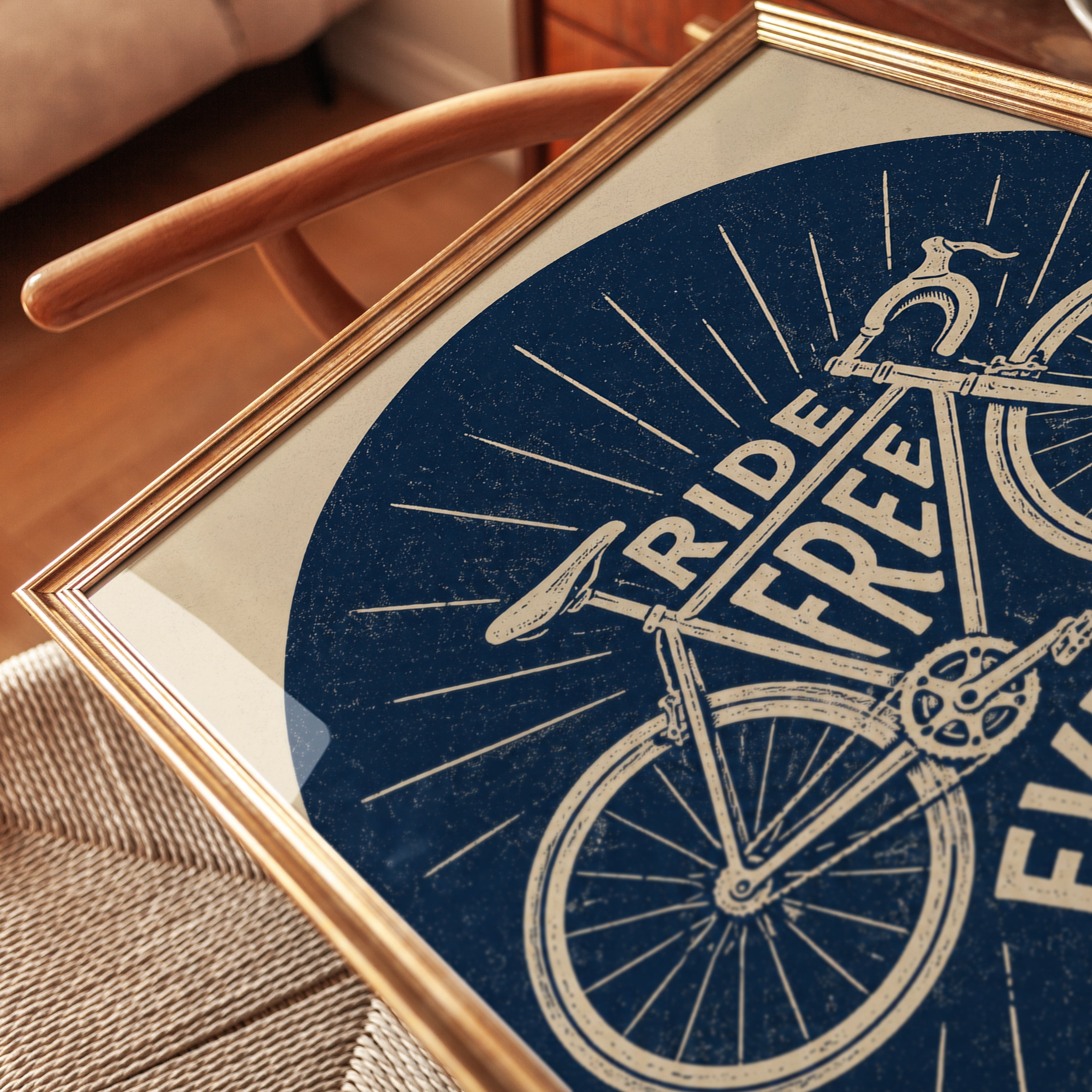 Ride Free Bicycle Print: Retro Cycling Poster (Navy Blue) - detail