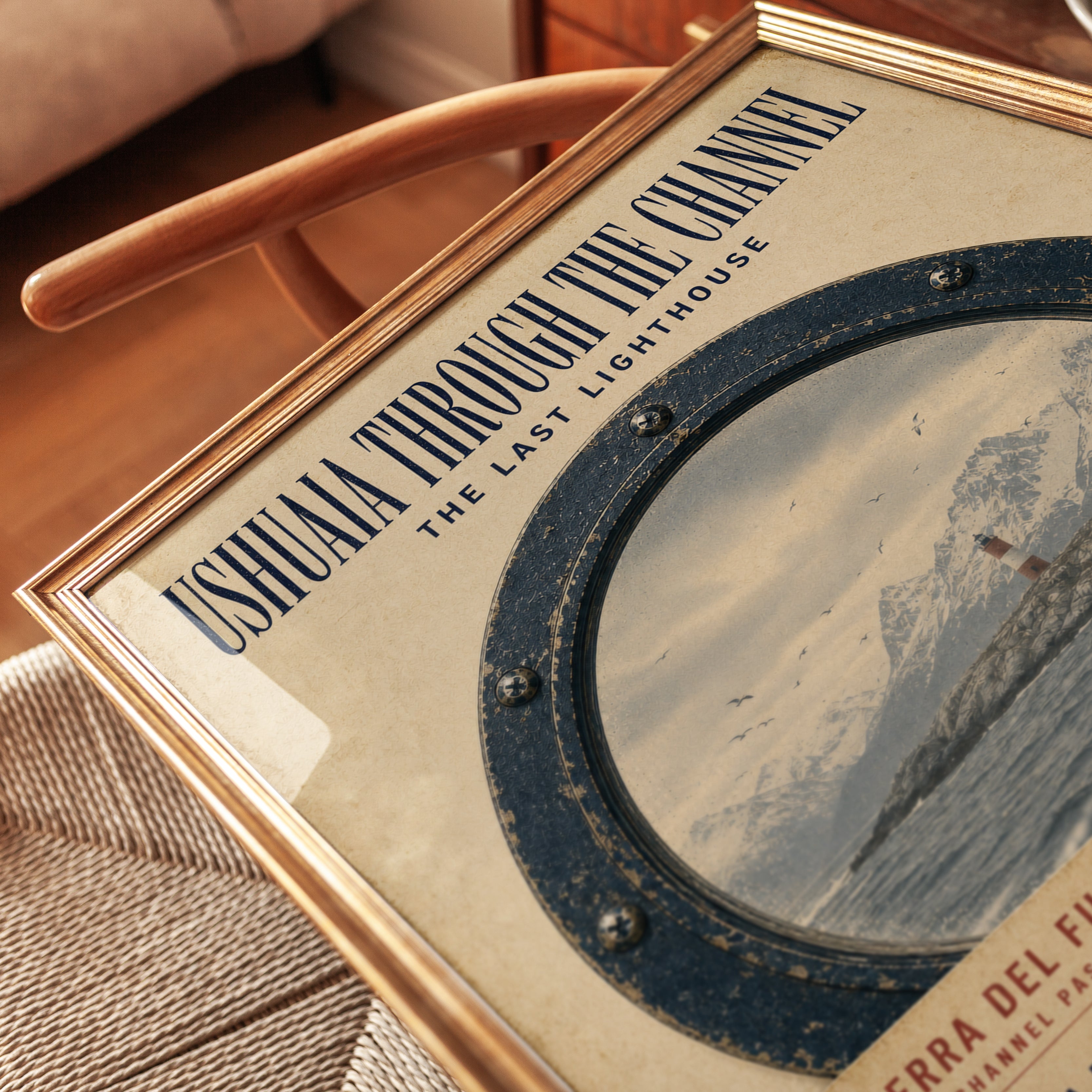 Ushuaia Lighthouse Porthole Print: Vintage Nautical Travel Poster - detail